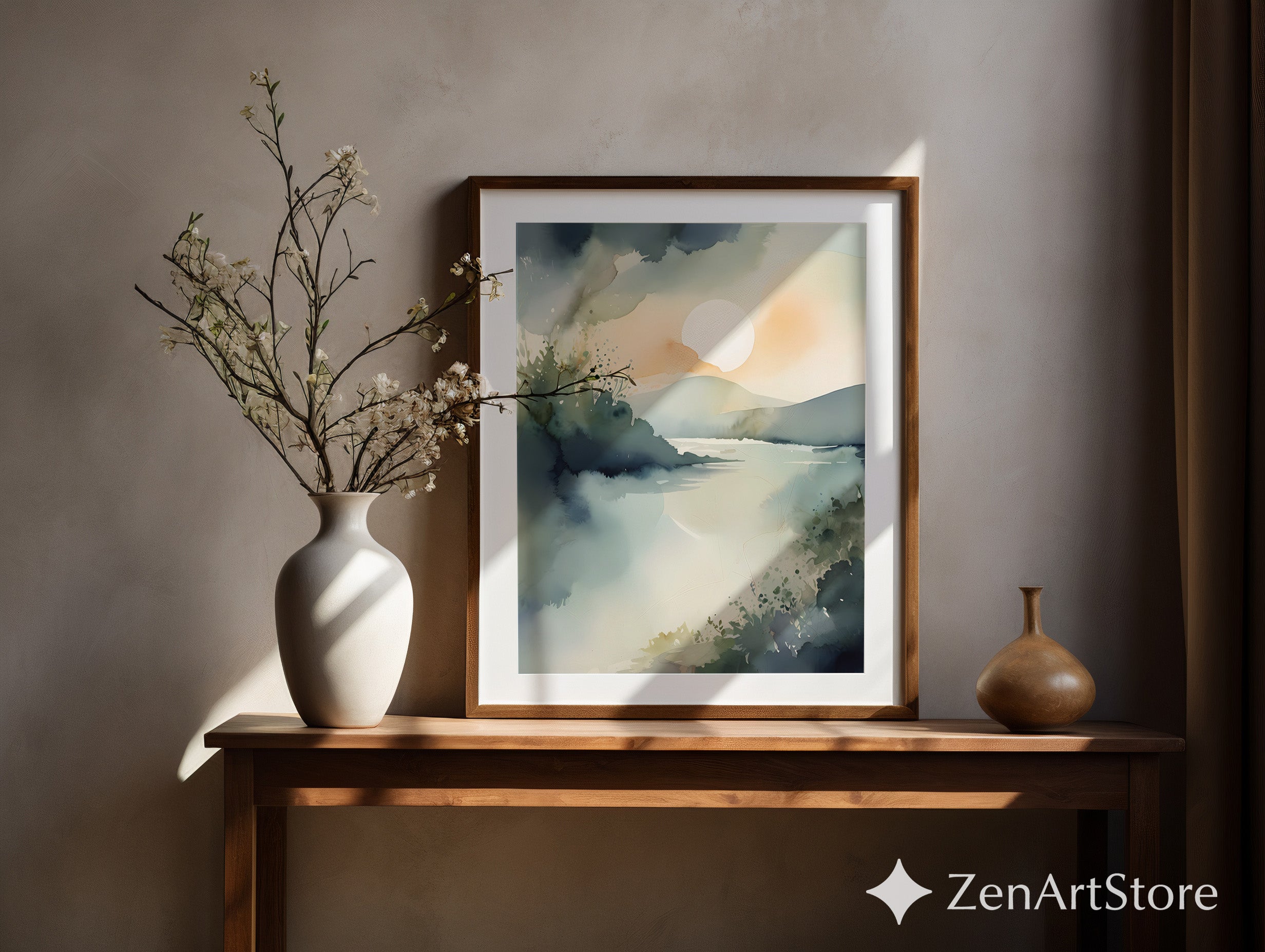 Calm Sunrise Watercolor Landscape Print - Minimal Zen Lake Art for Neutral Home Decor, Japandi Scandinavian Wall Art