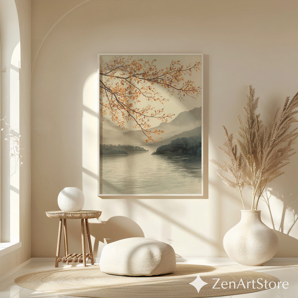 Autumn Lake Branch Wall Art - Neutral Japandi Landscape Print Minimal Zen Botanical Home Decor