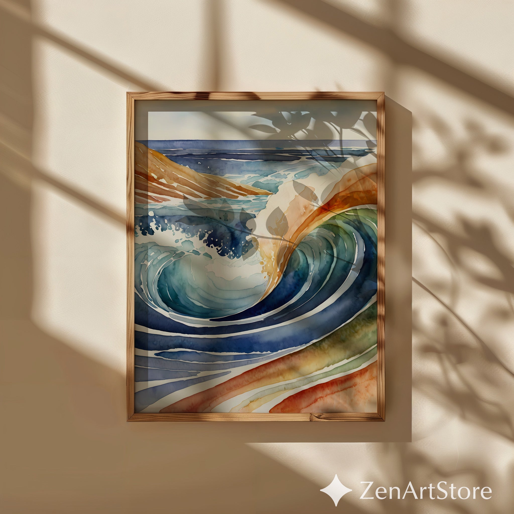 Abstract Watercolor Wave Art - Modern Coastal Ocean Print, Japandi Wabi Sabi Wall Decor in Blue, Teal & Earth Tones