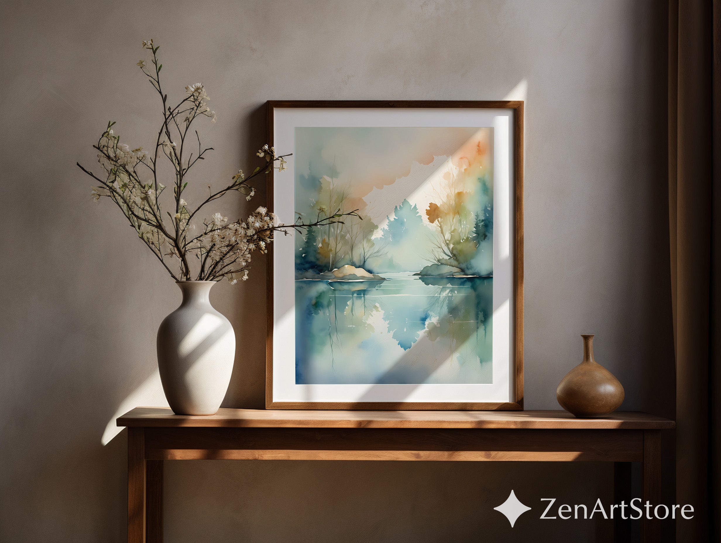 Serene Watercolor Lake Reflection Print - Minimal Zen Landscape Wall Art for Living Room, Japandi Neutral Home Decor
