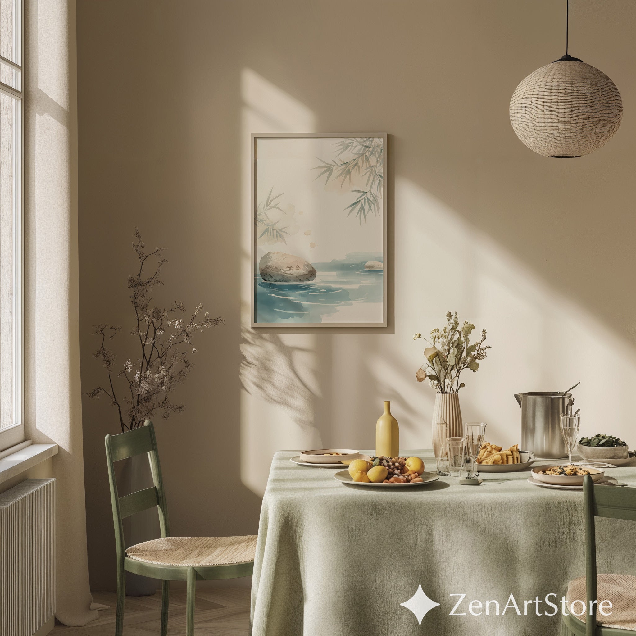 Zen Watercolor Rock and Bamboo Print - Minimal Japandi Wall Art, Neutral Calm Landscape for Living Room, Spa or Bedroom Decor