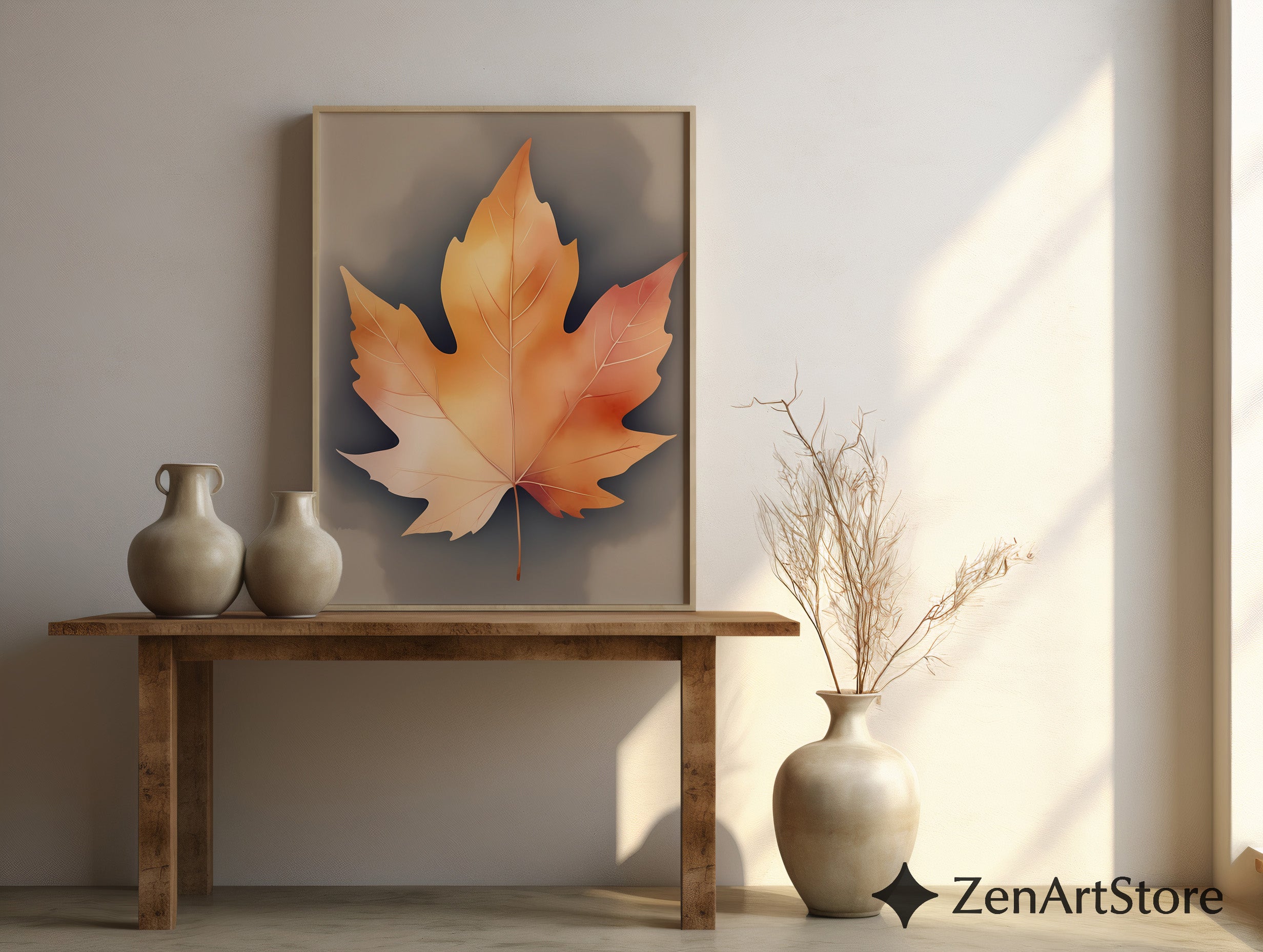 Neutral Autumn Leaf Wall Art - Minimal Maple Leaf Print, Japandi Wabi-Sabi Fall Home Decor, Beige Botanical Wall Art