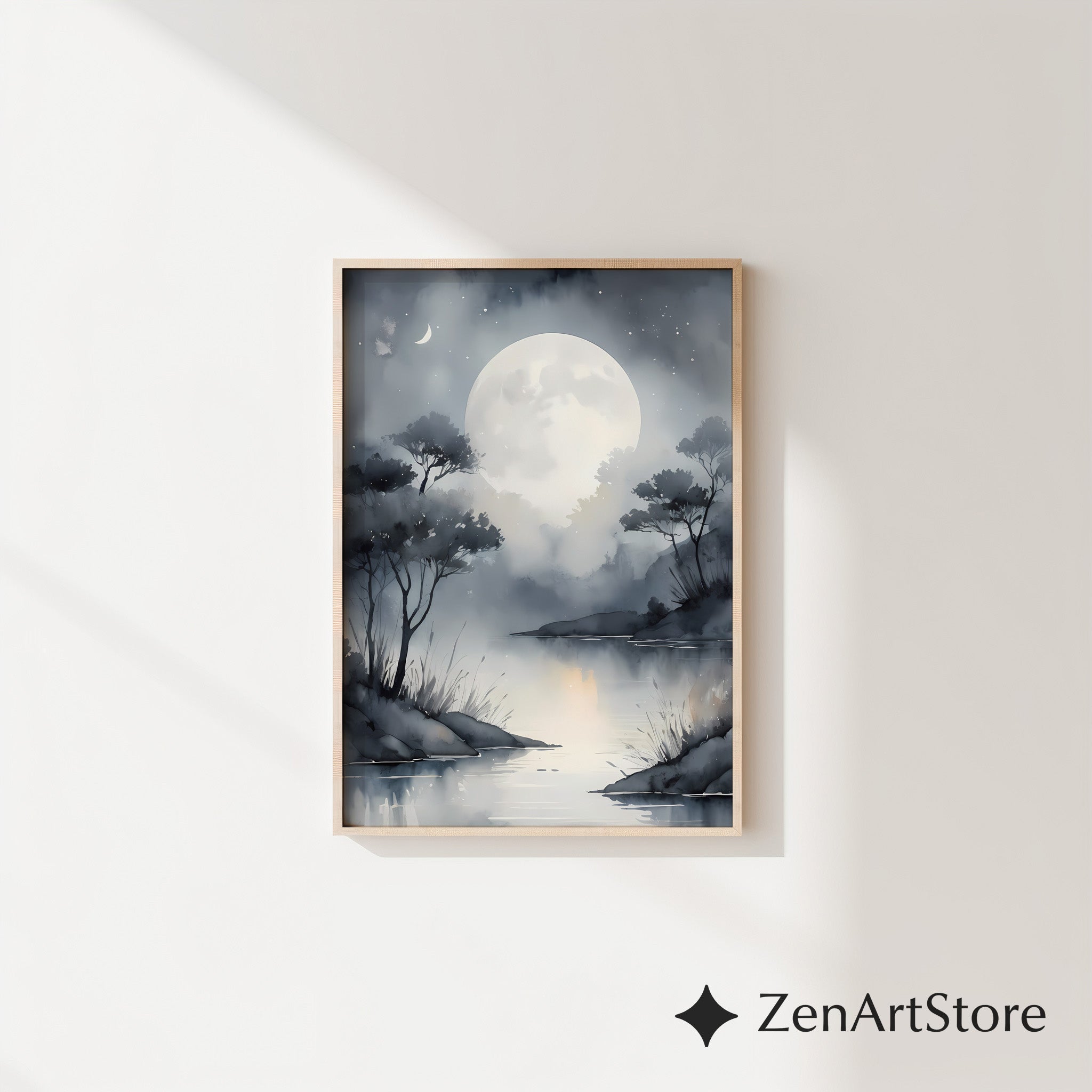 Moonlit Lake Wall Art Print - Serene Minimalist Moon Landscape, Grayscale Japandi Zen Home Decor