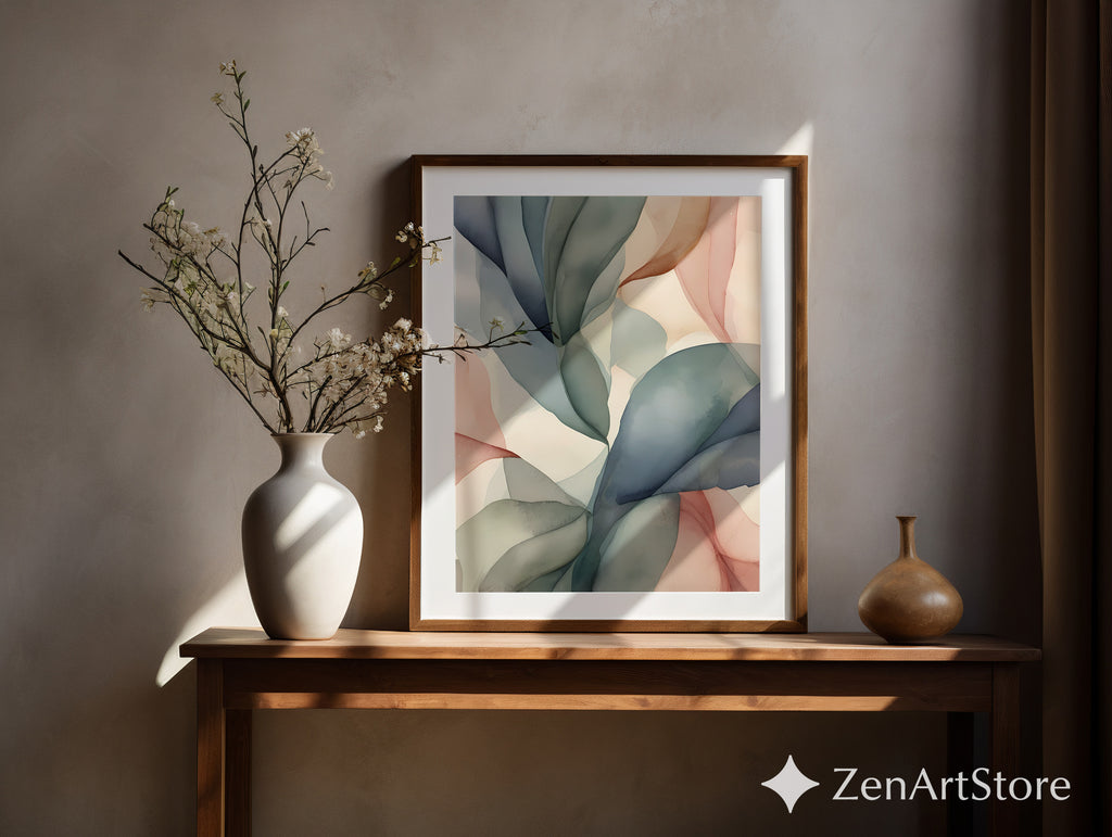 Abstract Botanical Leaf Wall Art - Neutral Japandi Minimalist Pastel Print for Living Room Bedroom Nursery