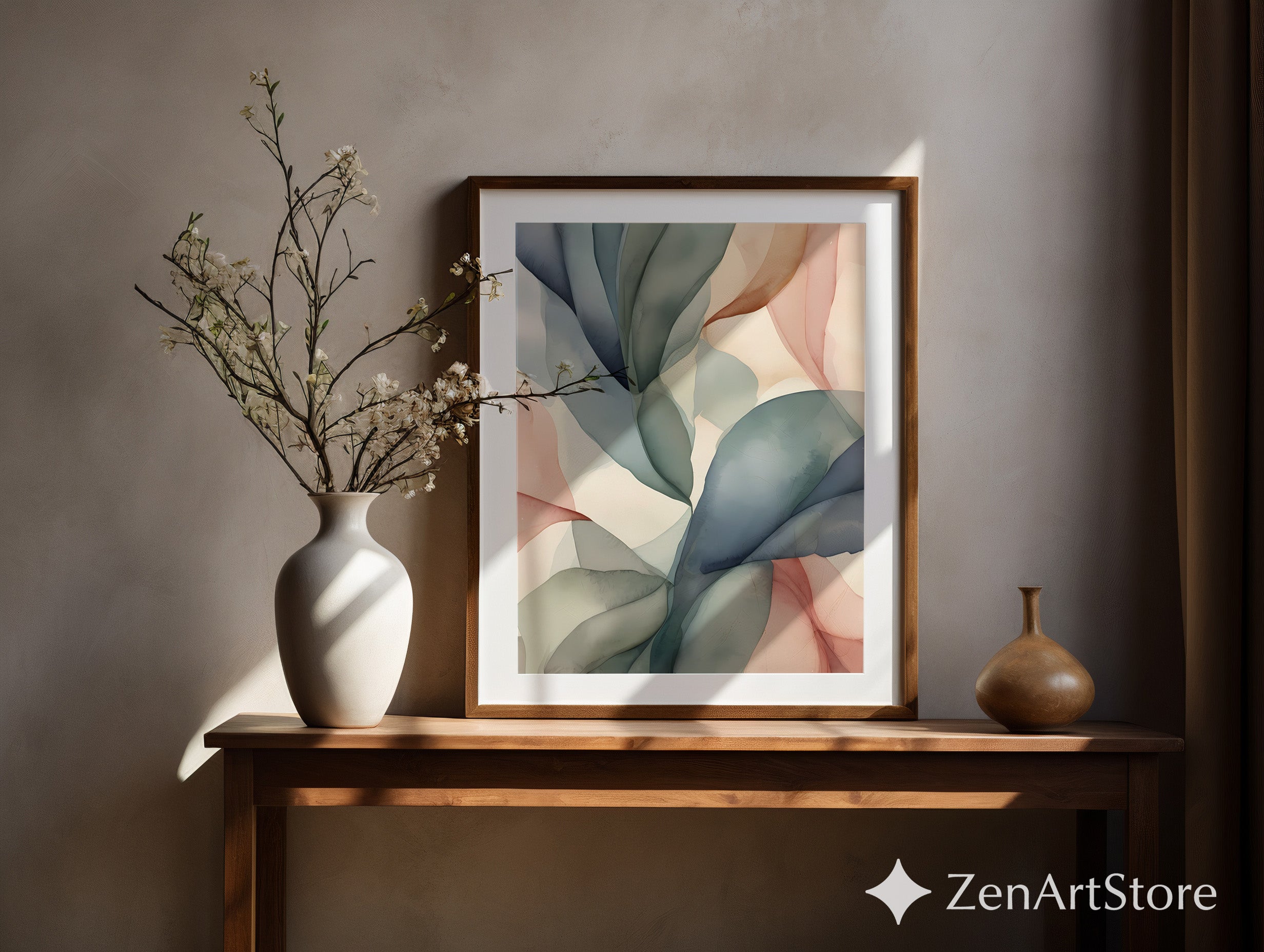 Abstract Botanical Leaf Wall Art - Neutral Japandi Minimalist Pastel Print for Living Room Bedroom Nursery