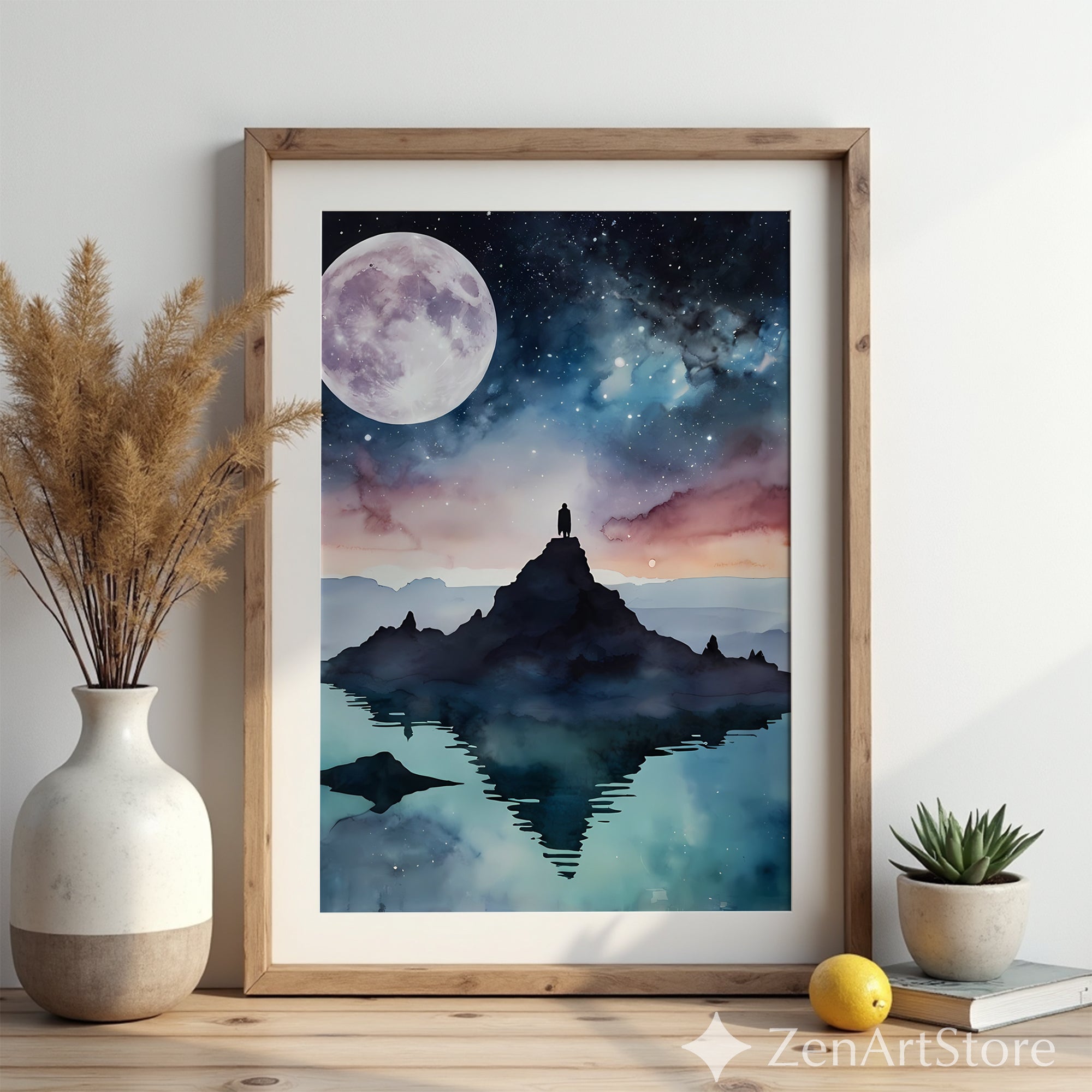 Moonlit Mountain Reflection Art Print - Celestial Watercolor Landscape, Minimal Zen Home Decor, Calm Cosmic Wall Art