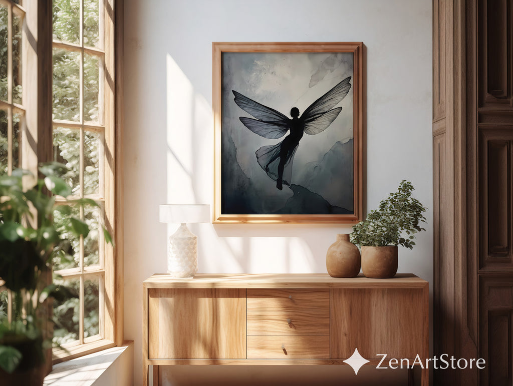 Ethereal Fairy Silhouette Wall Art - Minimal Neutral Wings Print for Japandi Wabi-Sabi Scandinavian Decor
