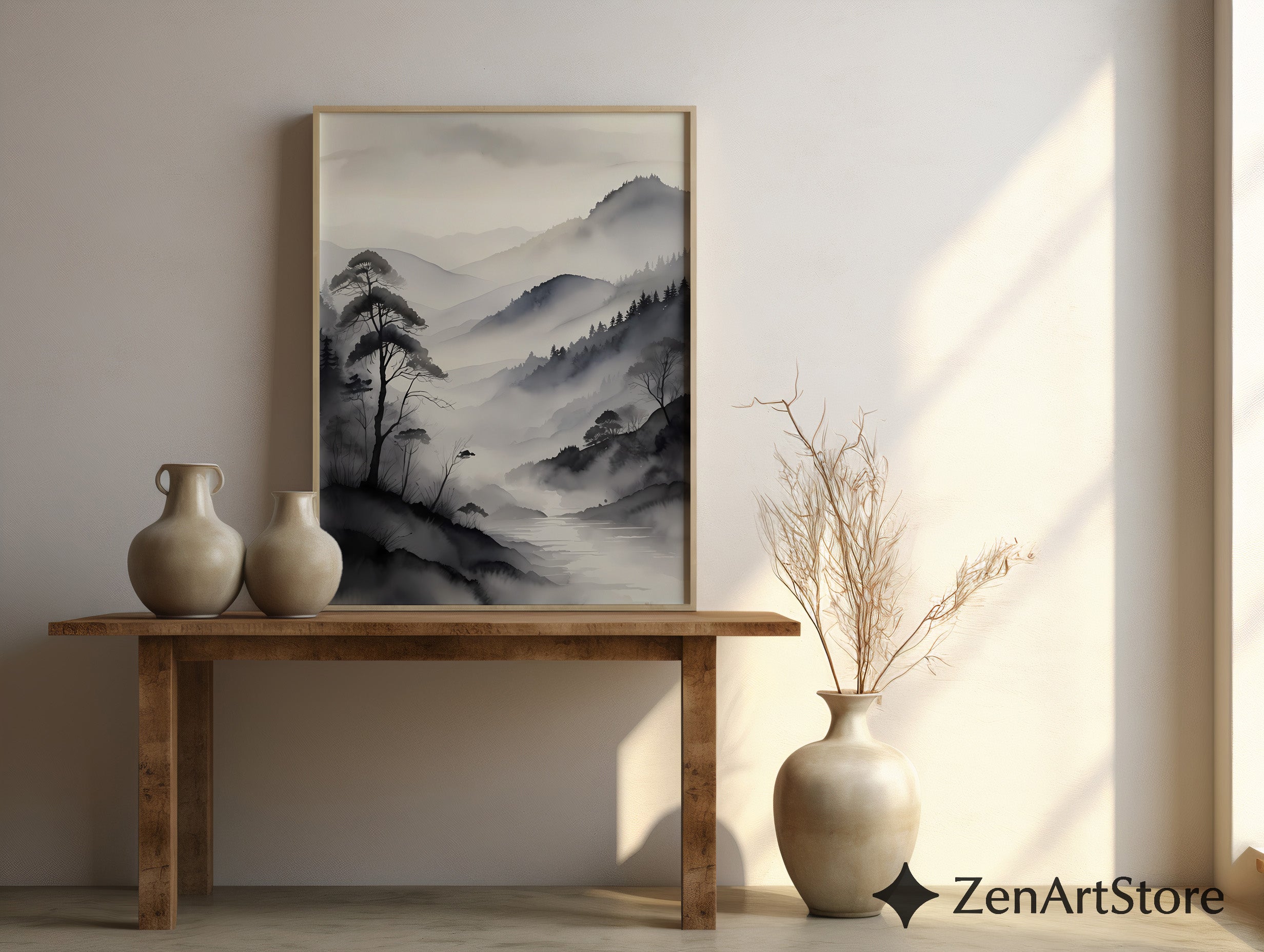 Misty Mountain Sumi-e Print - Minimal Zen Landscape Wall Art, Japandi Monochrome Canvas or Digital Download