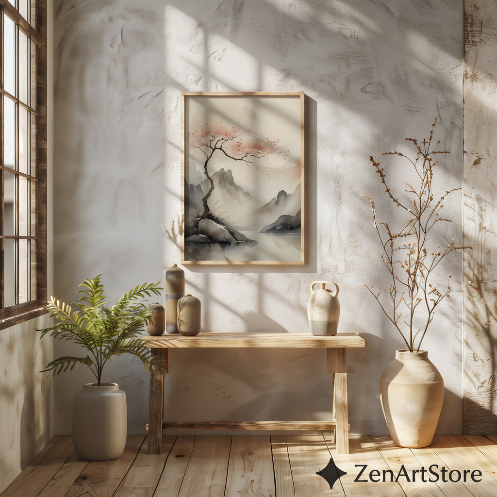 Serene Japandi Watercolor Landscape Print - Minimal Cherry Blossom Tree, Zen Wabi Sabi Wall Art for Living Room