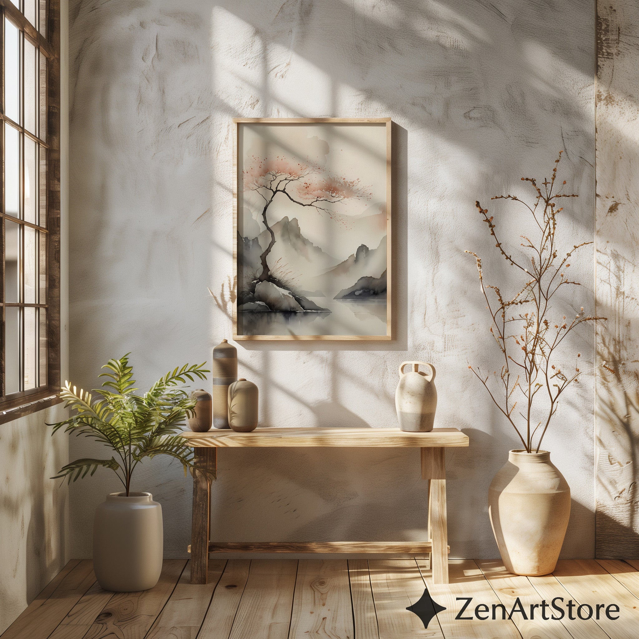 Serene Japandi Watercolor Landscape Print - Minimal Cherry Blossom Tree, Zen Wabi Sabi Wall Art for Living Room