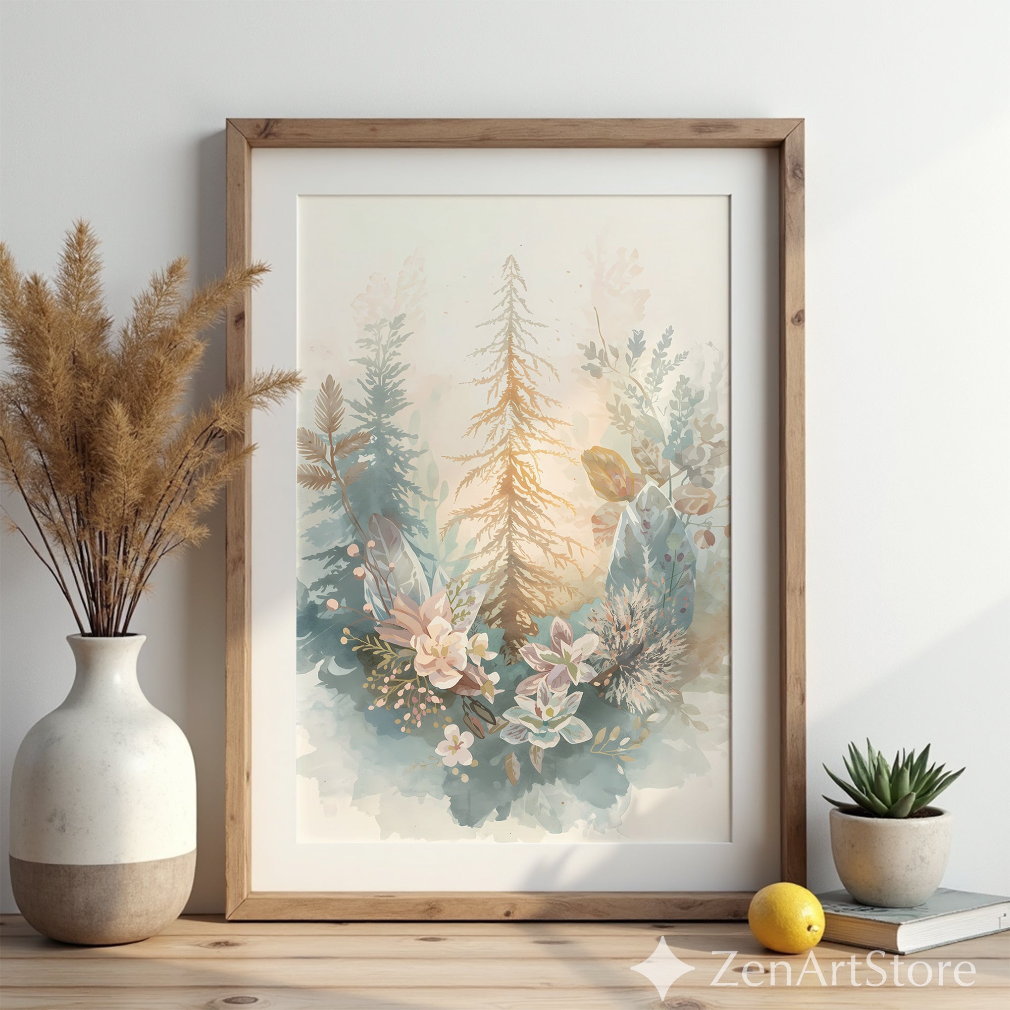 Neutral Watercolor Botanical Forest Print - Pastel Floral & Pine Wall Art, Japandi Minimal Home Decor