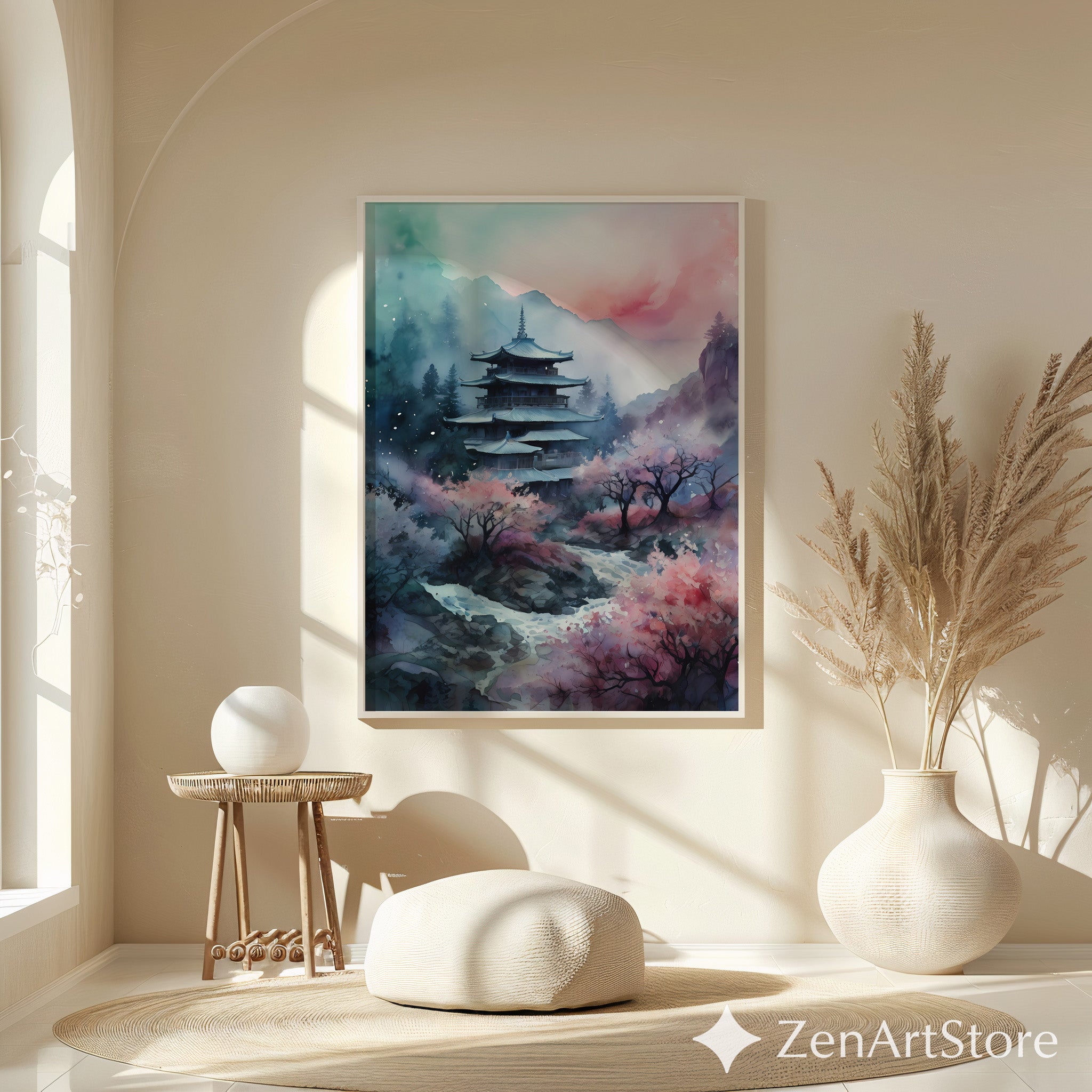 Serene Japanese Pagoda Print with Cherry Blossoms - Watercolor Zen Landscape Wall Art for Home