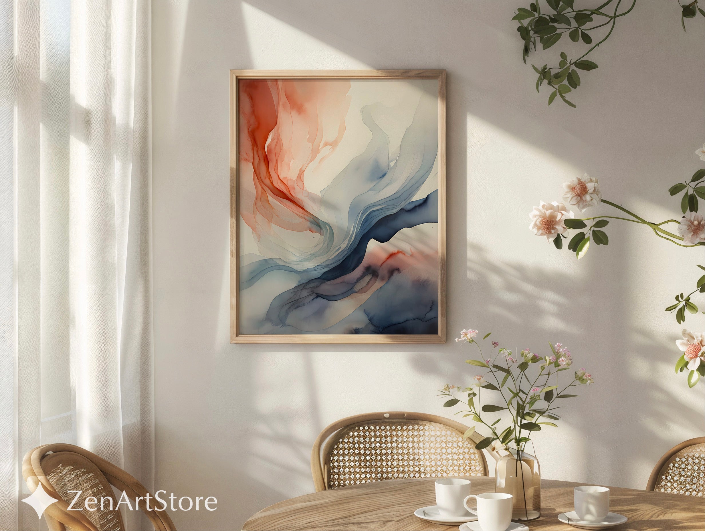 Abstract Fluid Art Print Terracotta and Blue - Minimal Japandi Wall Art, Neutral Modern Home Decor