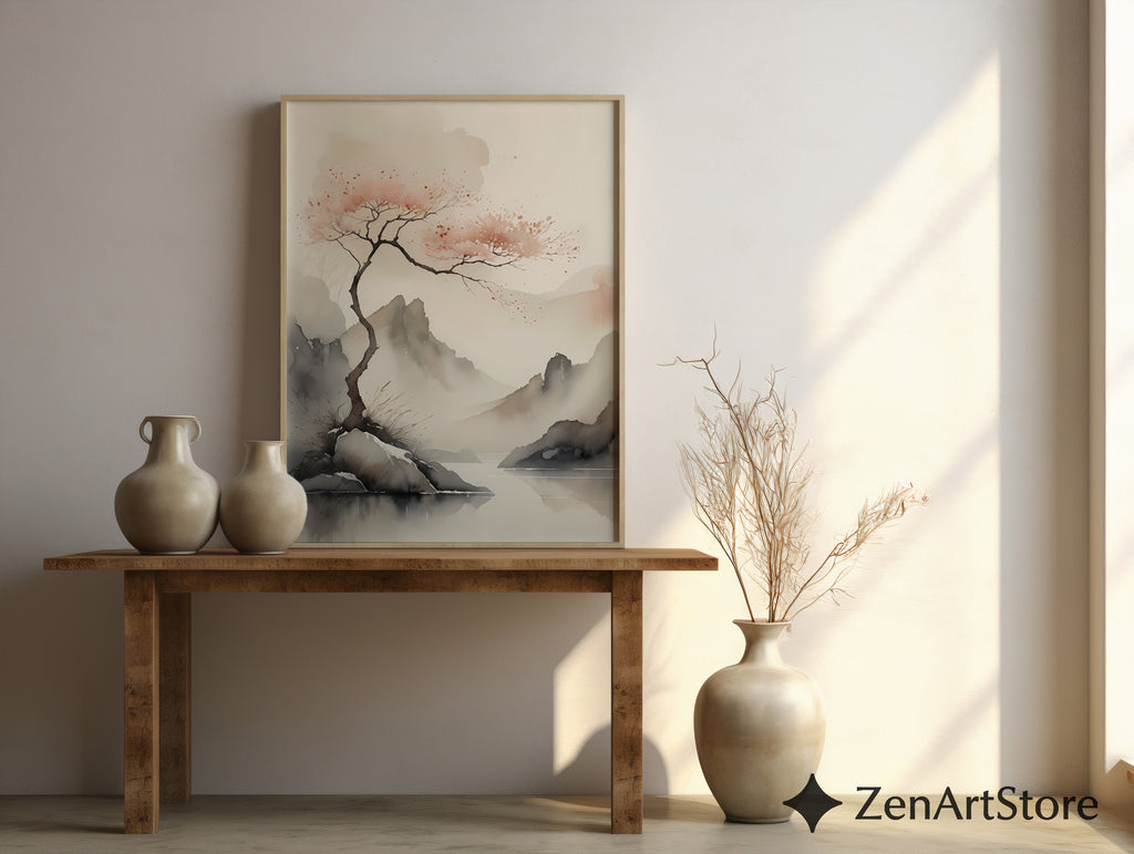 Serene Japandi Watercolor Landscape Print - Minimal Cherry Blossom Tree, Zen Wabi Sabi Wall Art for Living Room