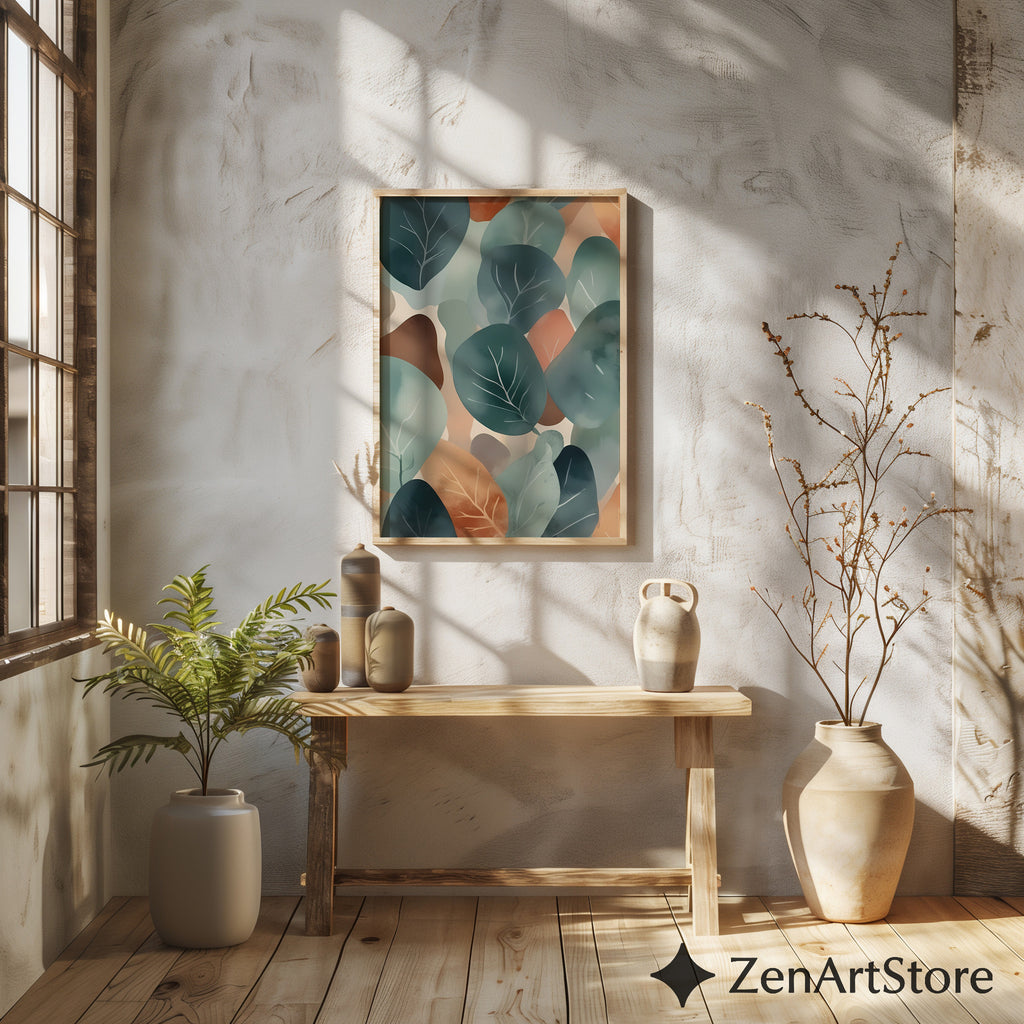 Abstract Botanical Leaf Art Print Teal & Terracotta Minimal Japandi Scandinavian Wall Decor