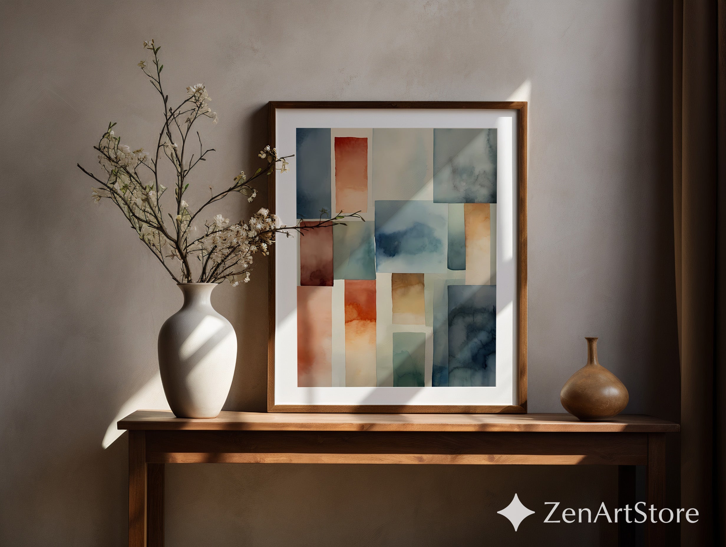 Abstract Geometric Watercolor Wall Art - Calm Blue, Terracotta & Beige Minimal Print for Modern Japandi Scandinavian Home Decor