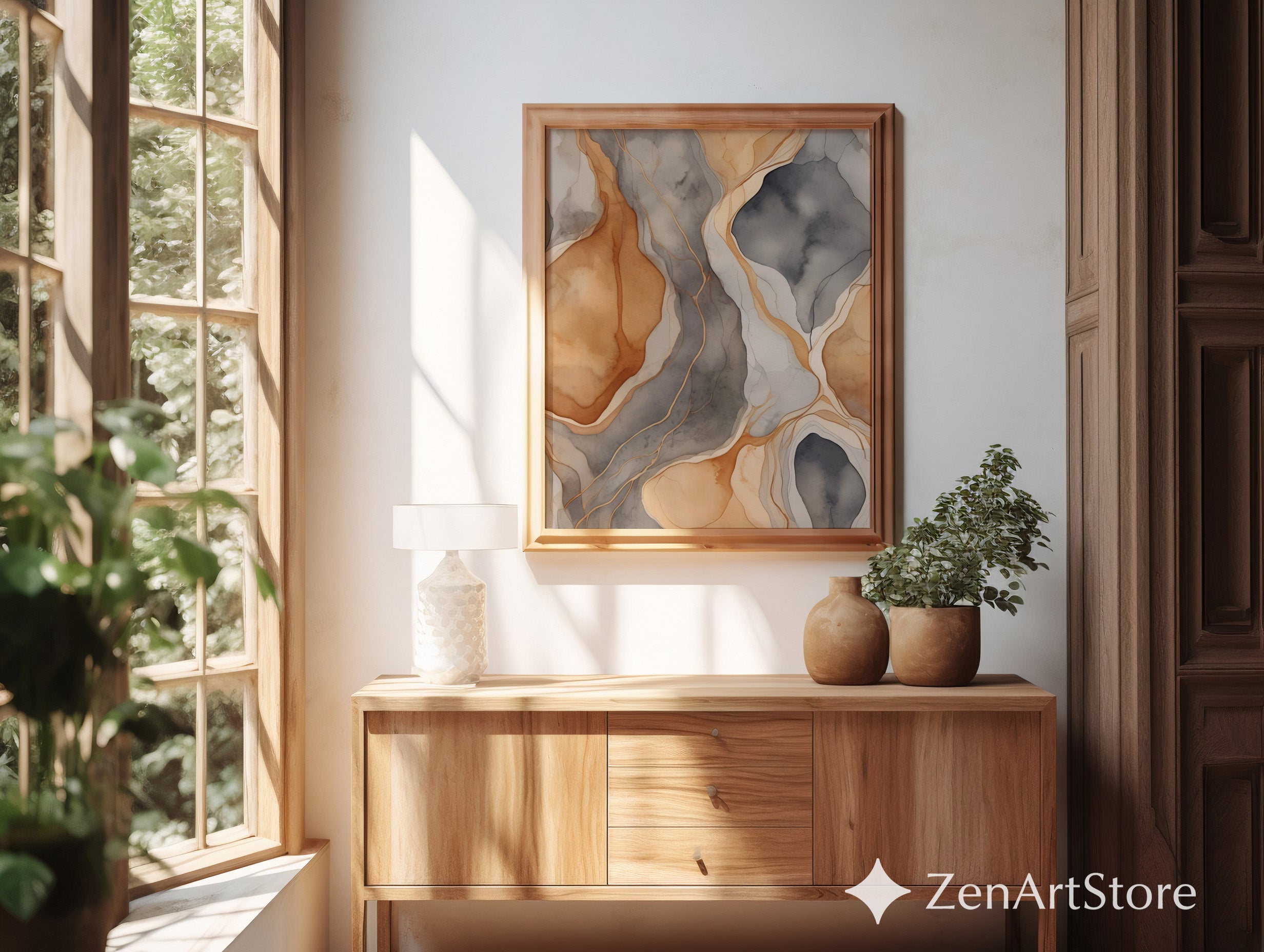 Neutral Abstract Watercolor Wall Art Earth Tones Agate Print – Minimal Japandi Beige Gray Brown Modern Home Decor Printable or Canvas