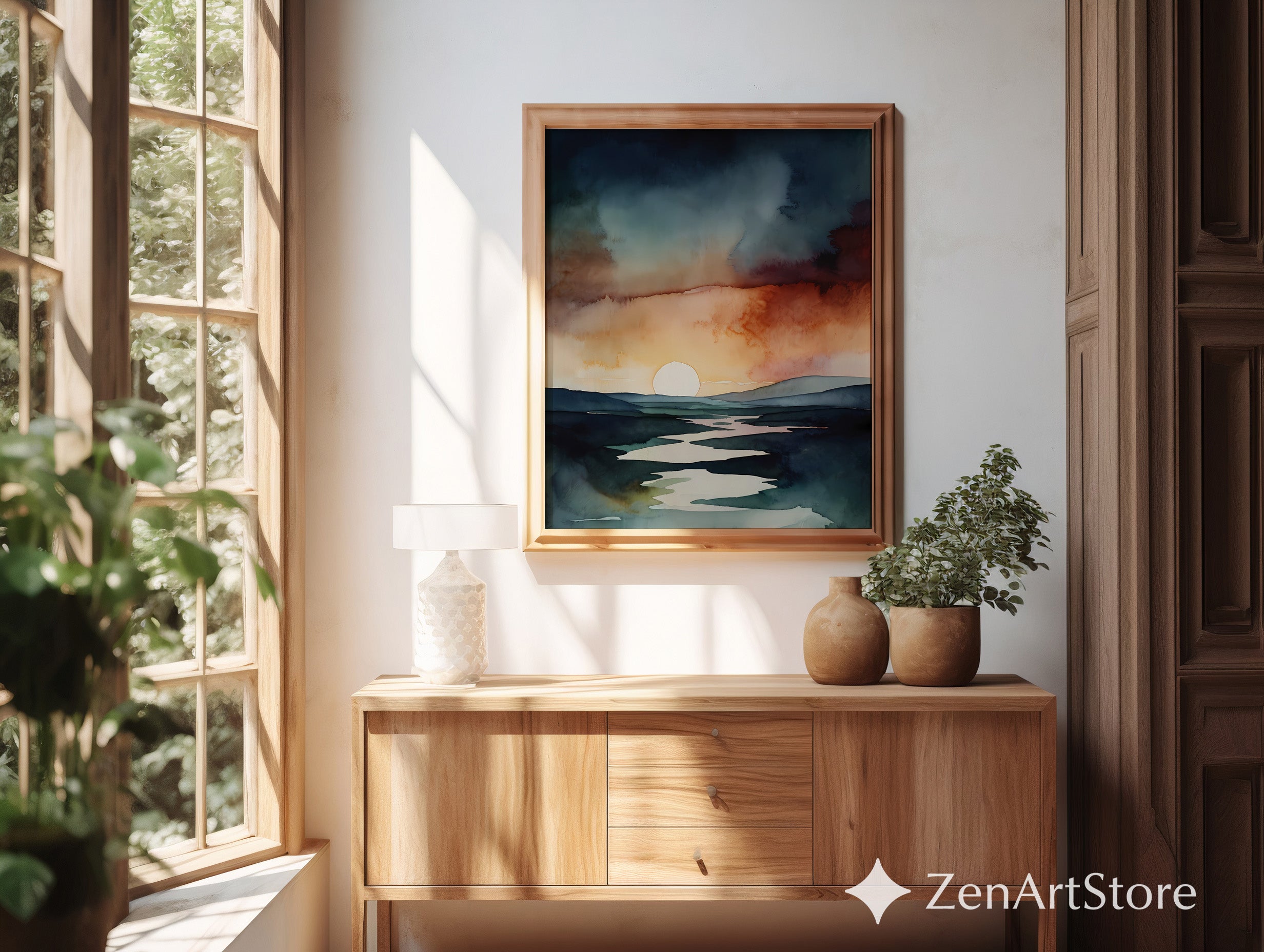 Abstract Watercolor Sunset Landscape Print - Minimal Modern Wall Art, Neutral Zen Sunrise Decor for Living Room & Bedroom