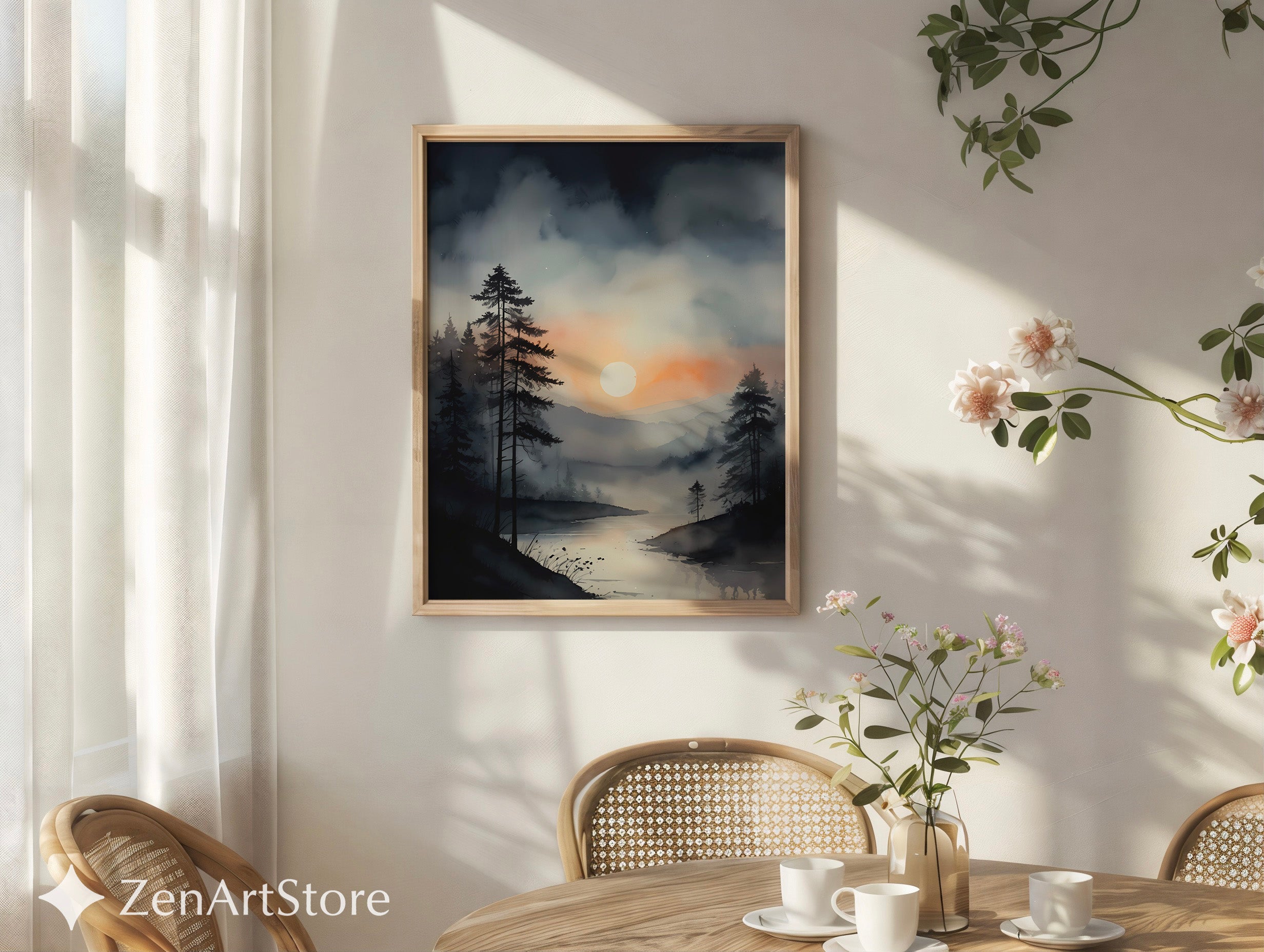 Misty Forest Sunrise Wall Art - Minimal Neutral Landscape Print, Japandi Wabi Sabi Lake Reflection for Living Room