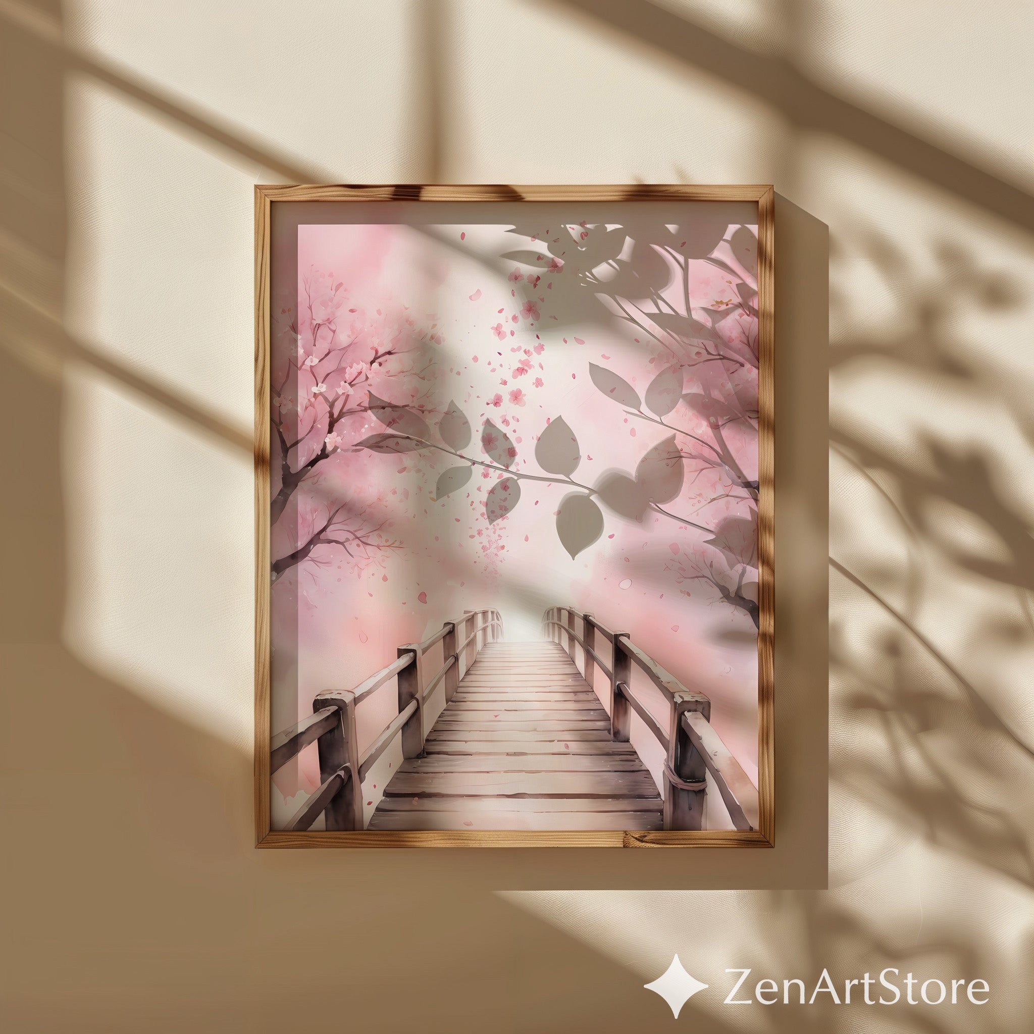 Cherry Blossom Bridge Wall Art - Pink Sakura Canvas Print & Printable, Japandi Minimalist Home Decor