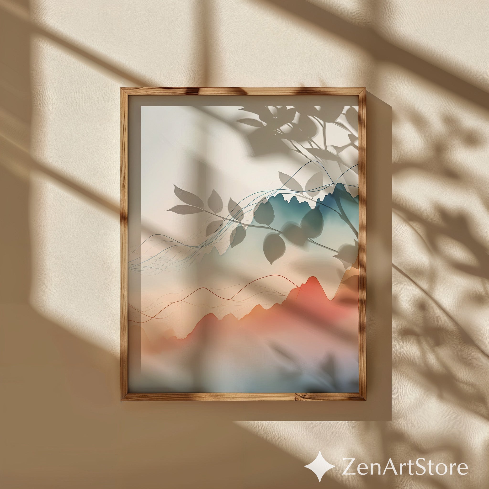 Minimal Abstract Mountain Landscape Wall Art, Japandi Neutral Pastel Line Art Print for Living Room & Bedroom