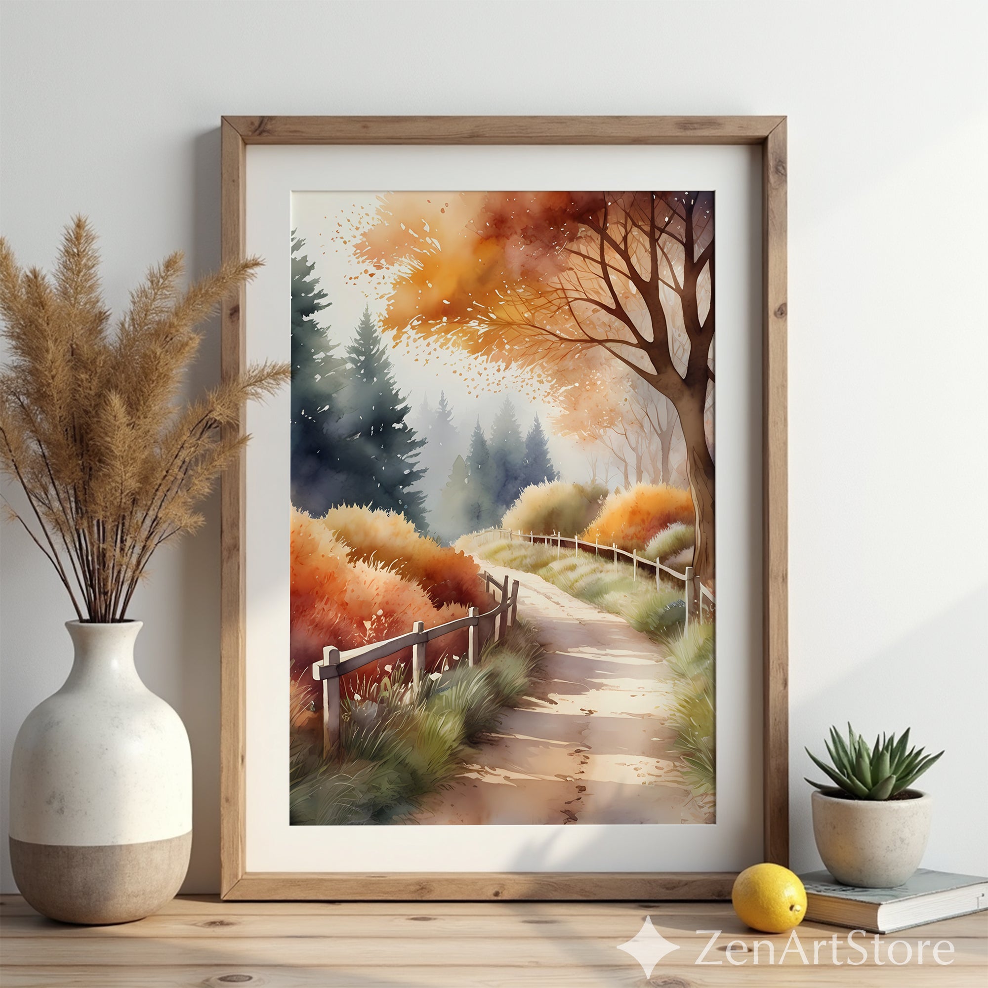 Autumn Path Watercolor Print - Fall Landscape Wall Art for Cozy Rustic, Japandi & Boho Home Decor