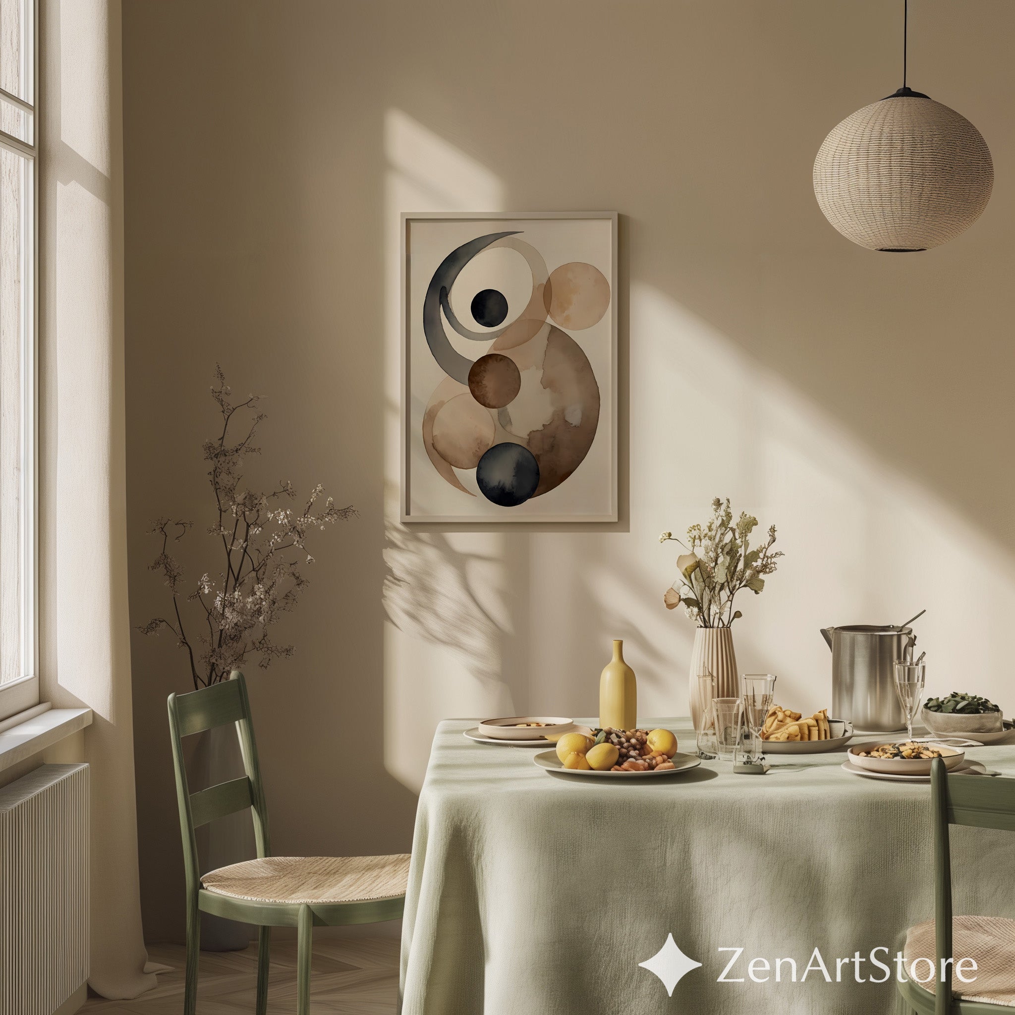 Neutral Abstract Wall Art - Minimalist Circle Watercolor Print in Brown Beige Black, Japandi Scandinavian Home Decor