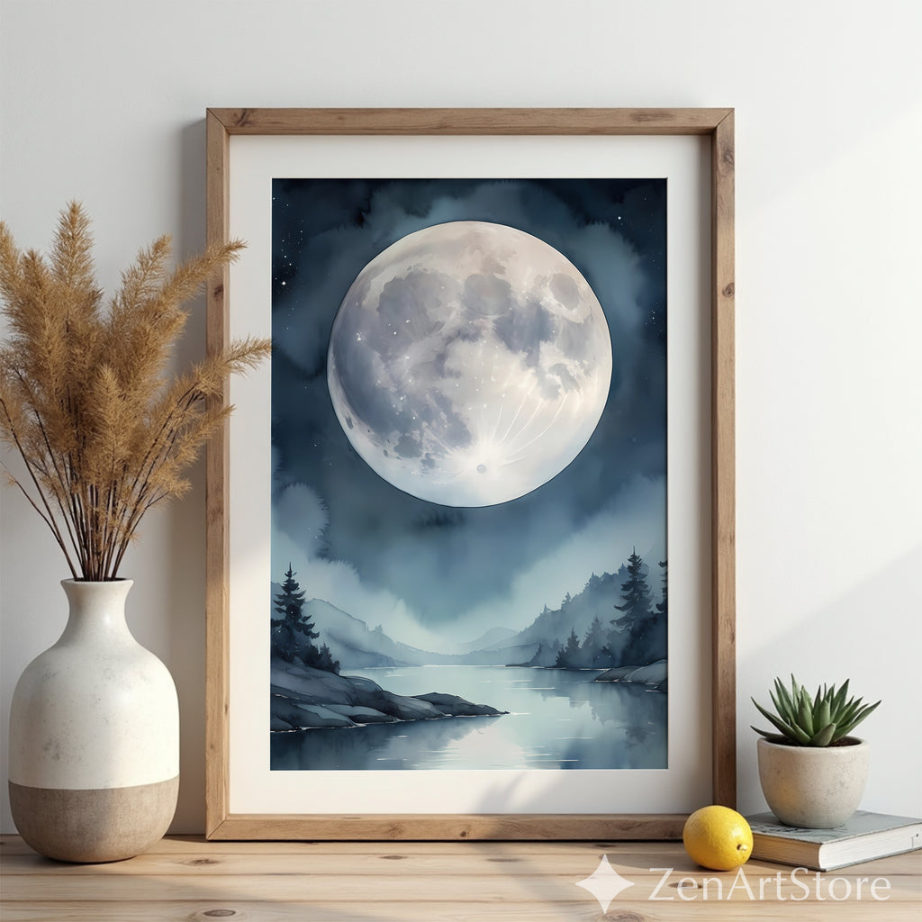 Ethereal Moonlit Lake Wall Art - Minimal Moon Landscape Print for Nordic Japandi Bedroom Decor