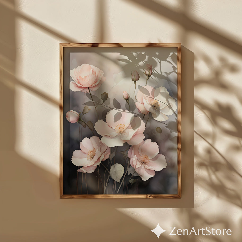 Blush Pink Poppies Floral Wall Art Print - Minimal Botanical Print, Neutral Scandinavian Japandi Home Decor