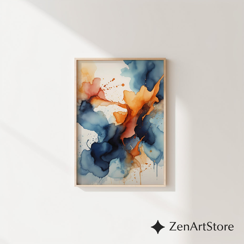Abstract Navy & Orange Wall Art - Modern Alcohol Ink Print, Large Blue Orange Canvas, Minimal Japandi Home Decor