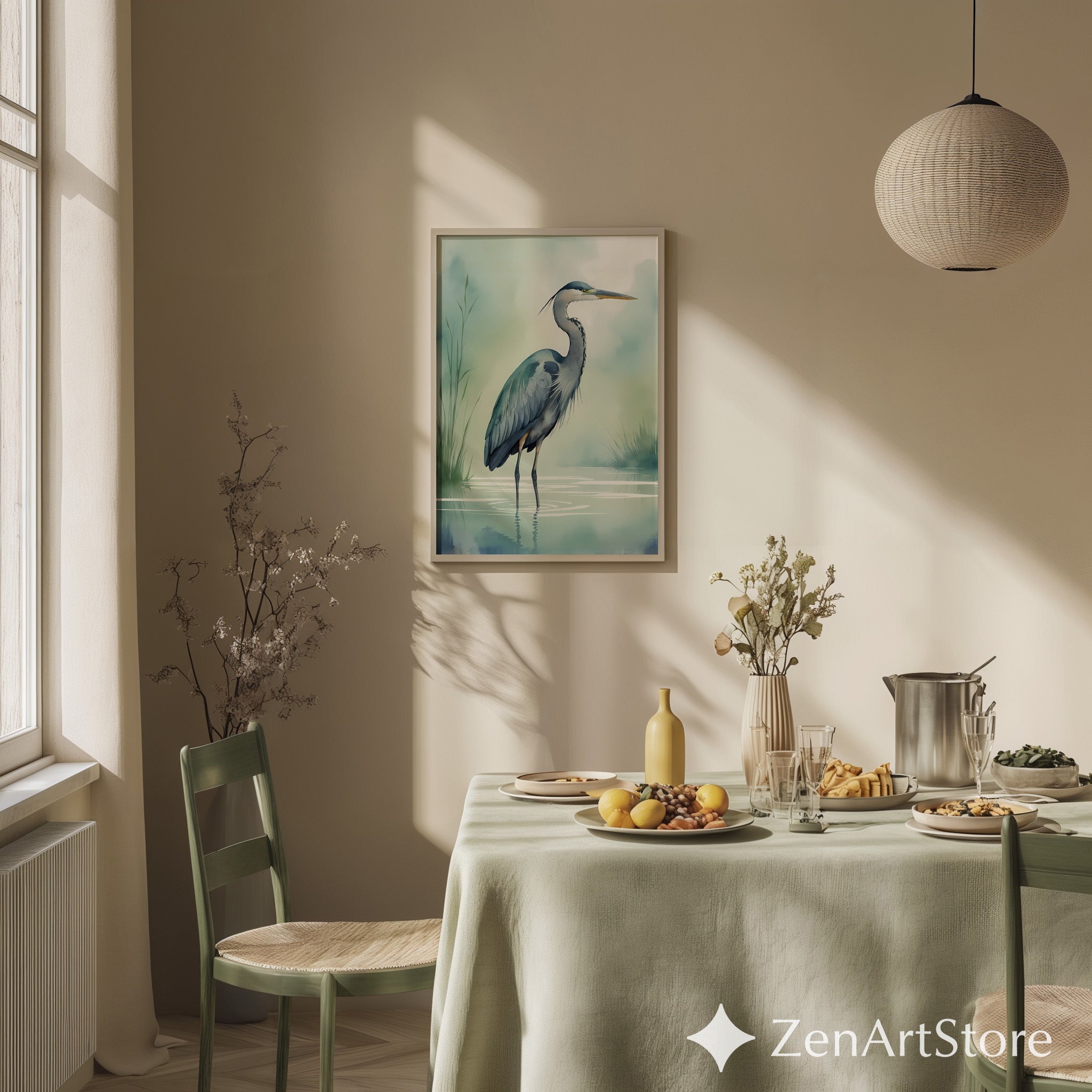 Tranquil Heron Wall Art - Minimal Blue Heron Print, Zen Coastal Nursery Decor, Japandi Nature Wall Decor