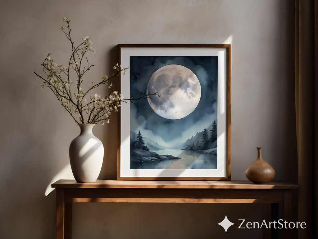 Ethereal Moonlit Lake Wall Art - Minimal Moon Landscape Print for Nordic Japandi Bedroom Decor