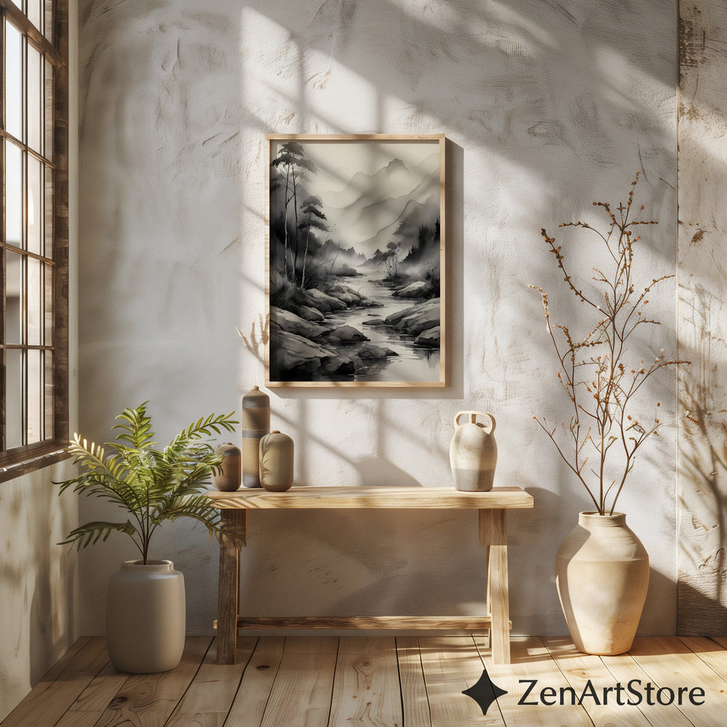 Ink-Wash Mountain River Print - Zen Minimal Monochrome Landscape Wall Art for Japandi, Scandinavian & Wabi-Sabi Decor