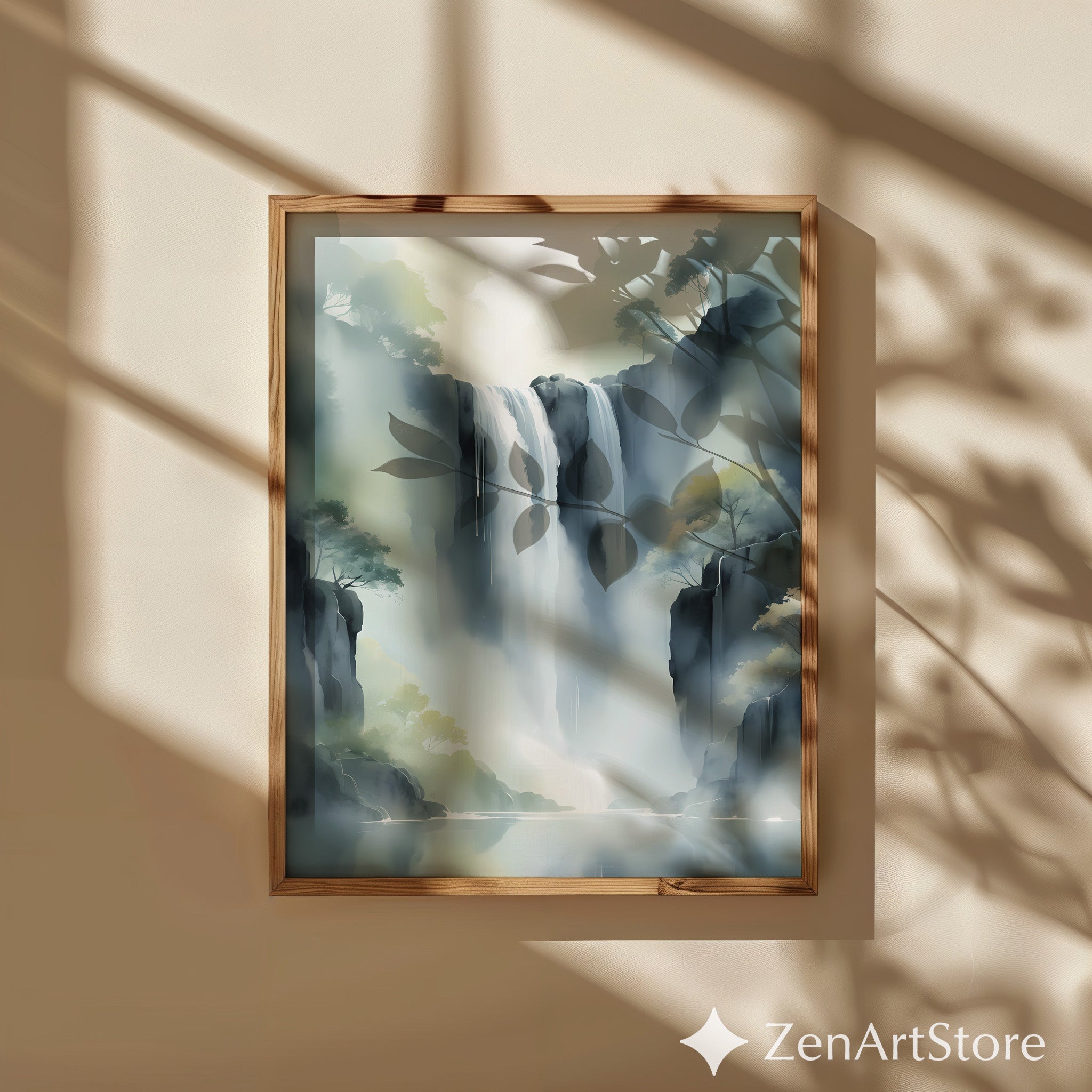 Misty Waterfall Wall Art Printable — Zen Japandi Landscape, Minimal Neutral Nature Print for Living Room & Bedroom