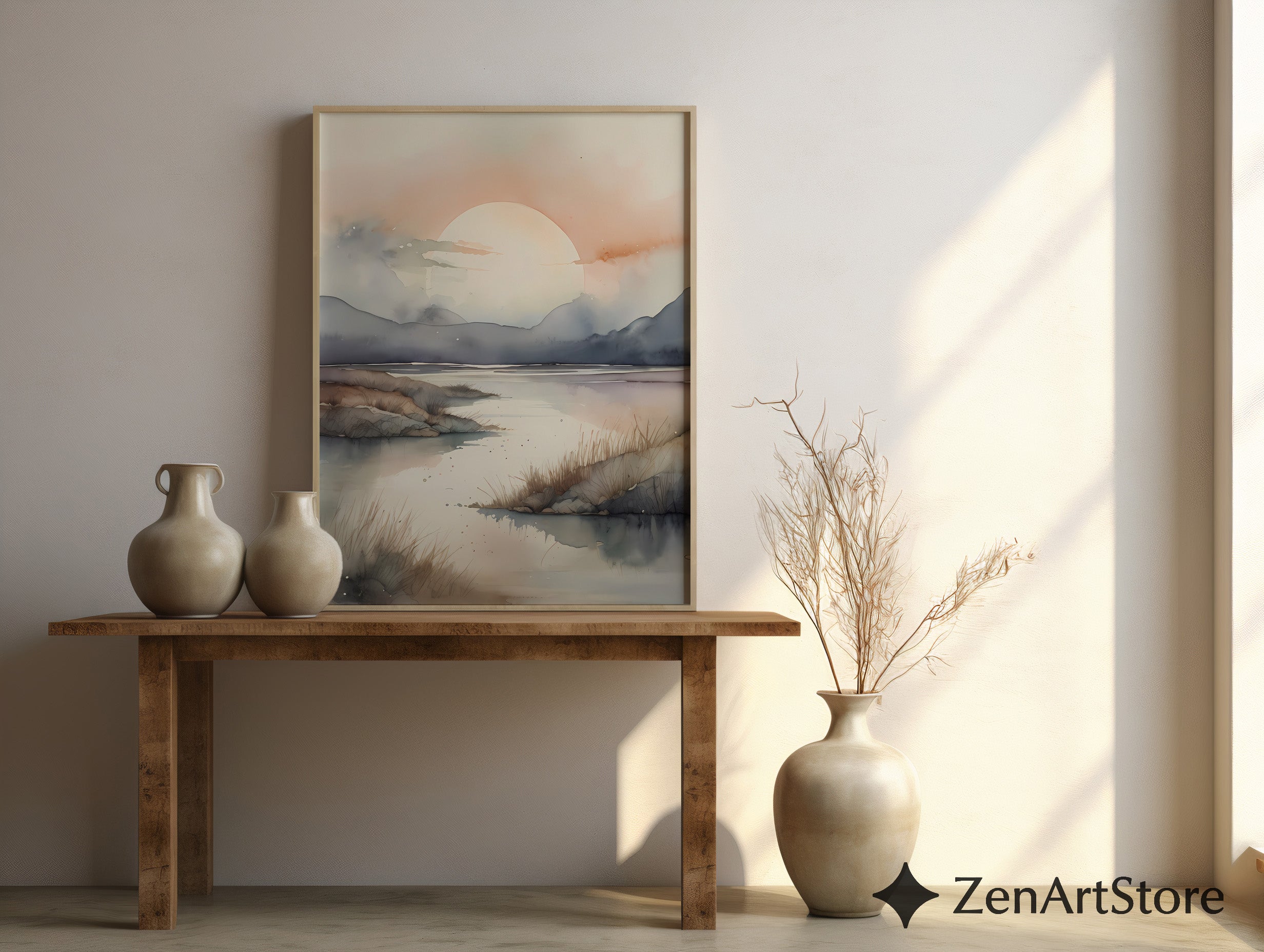 Serene Sunrise Watercolor Landscape Print - Neutral Japandi Minimal Wall Art for Living Room