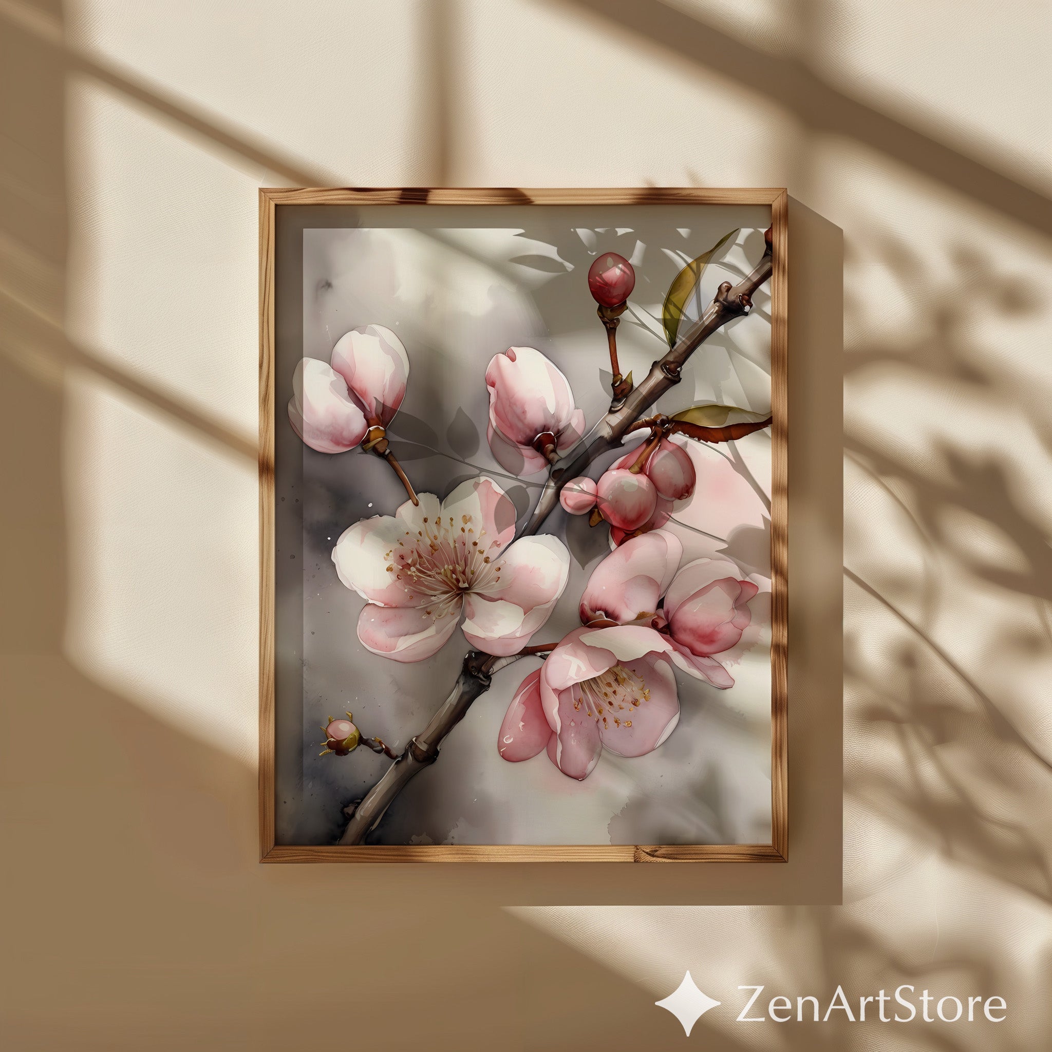 Soft Pink Cherry Blossom Wall Art - Botanical Watercolor Print, Japandi Minimal Floral Home Decor, Neutral Blush Botanical Print