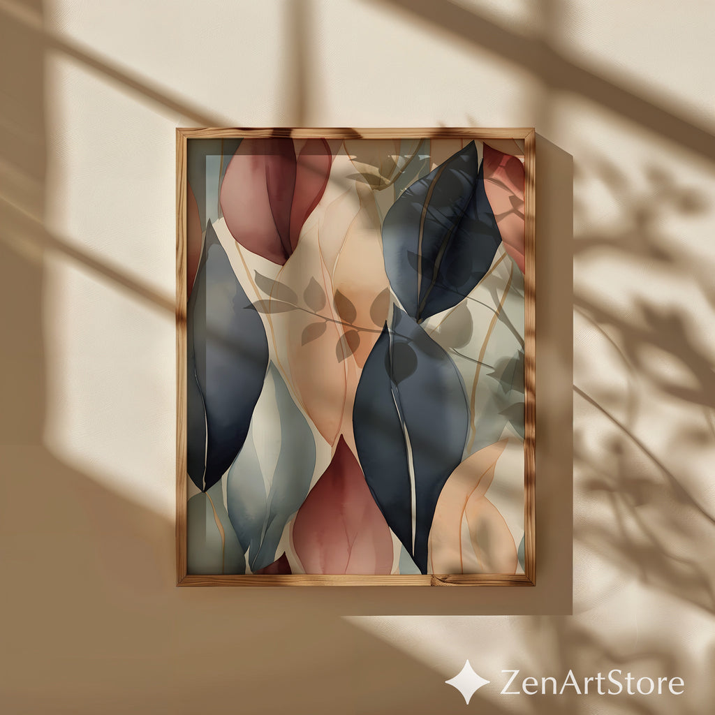 Abstract Botanical Leaf Art Print - Neutral Beige Blush Navy Wall Decor - Japandi Minimalist Modern Home Decor