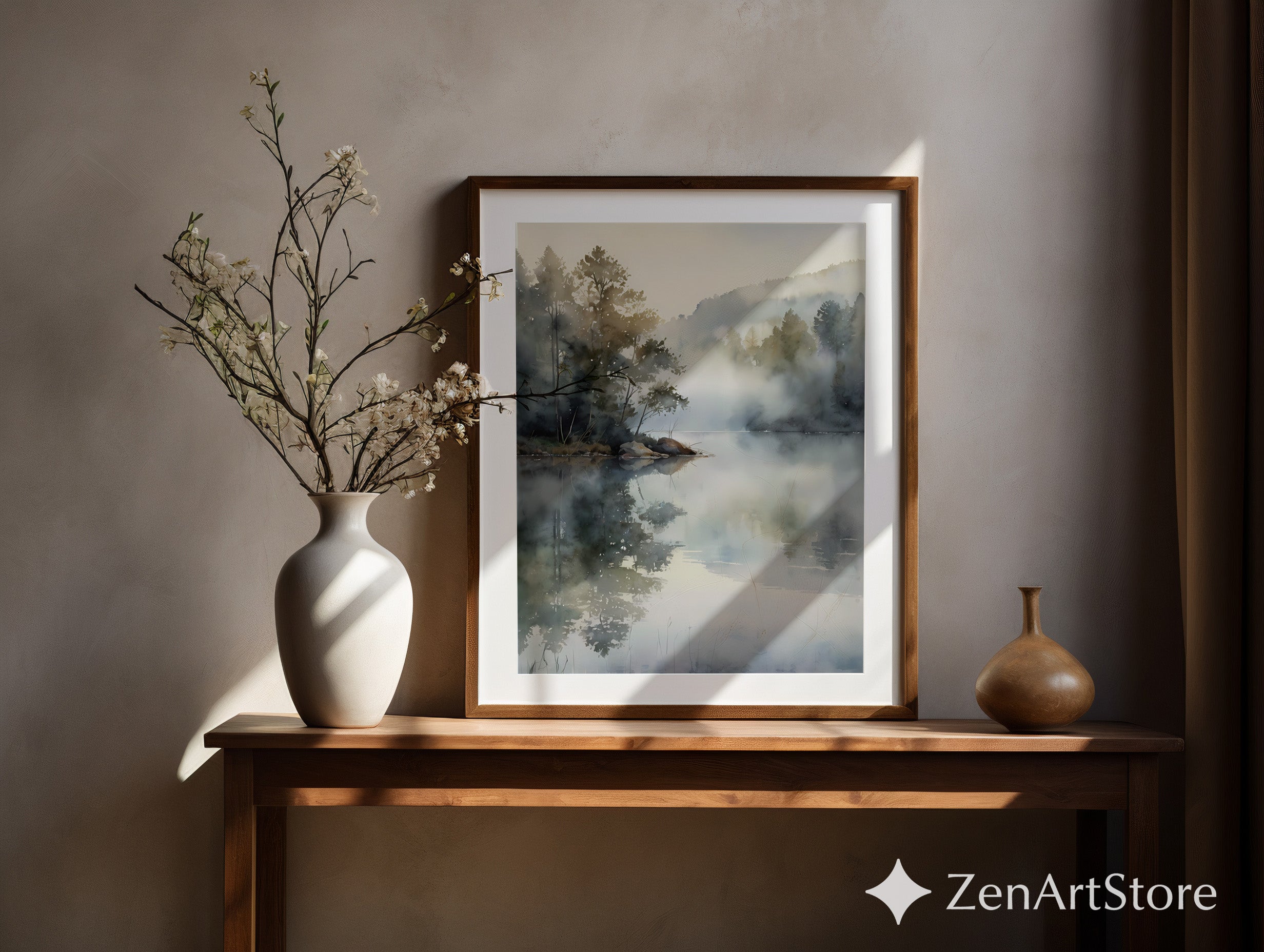 Misty Lake Watercolor Print - Serene Landscape Reflection Wall Art for Neutral Zen, Japandi & Wabi Sabi Home Decor