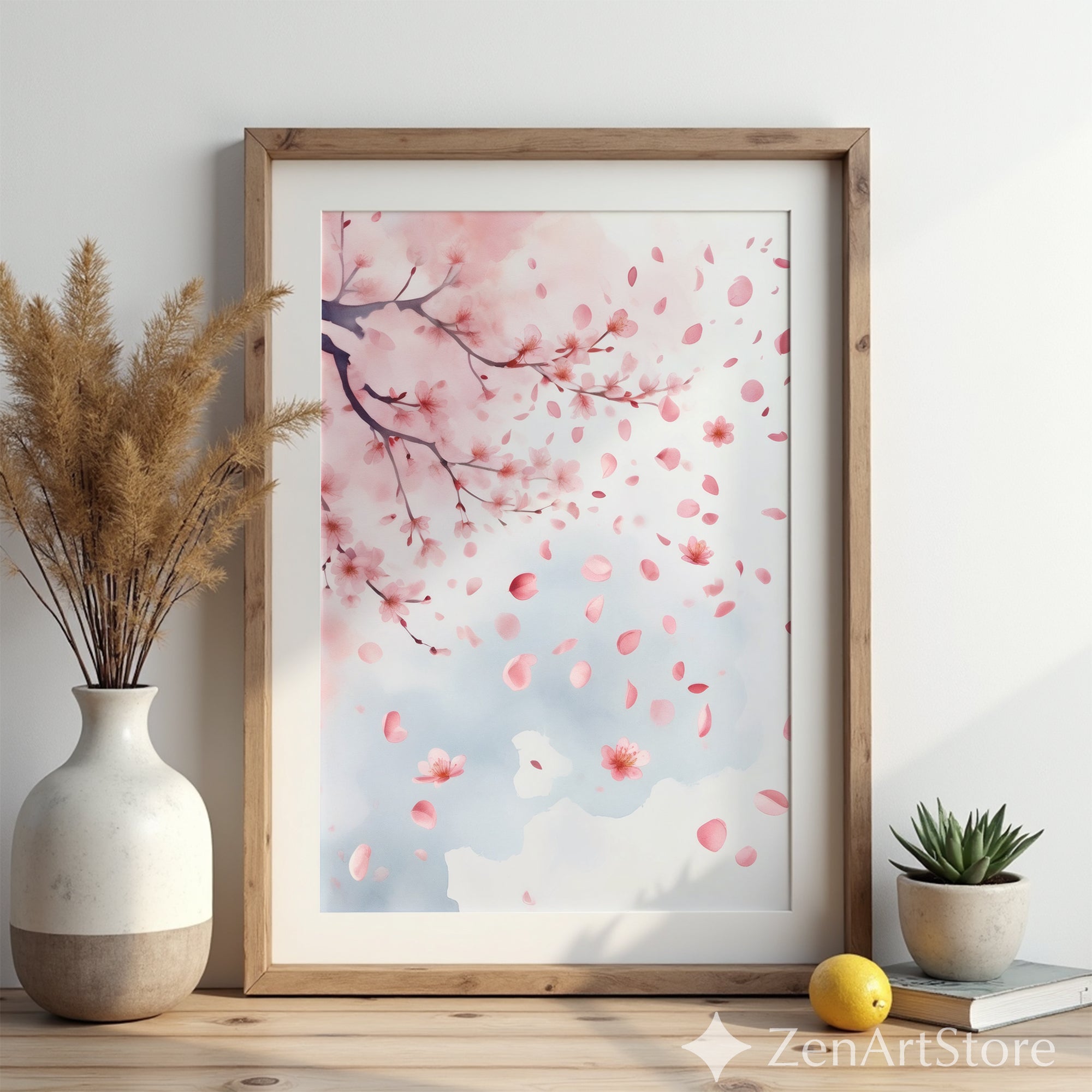 Cherry Blossom Wall Art Print - Soft Pink Sakura Watercolor, Minimal Botanical Home Decor for Japandi, Nursery, Bedroom & Living Room