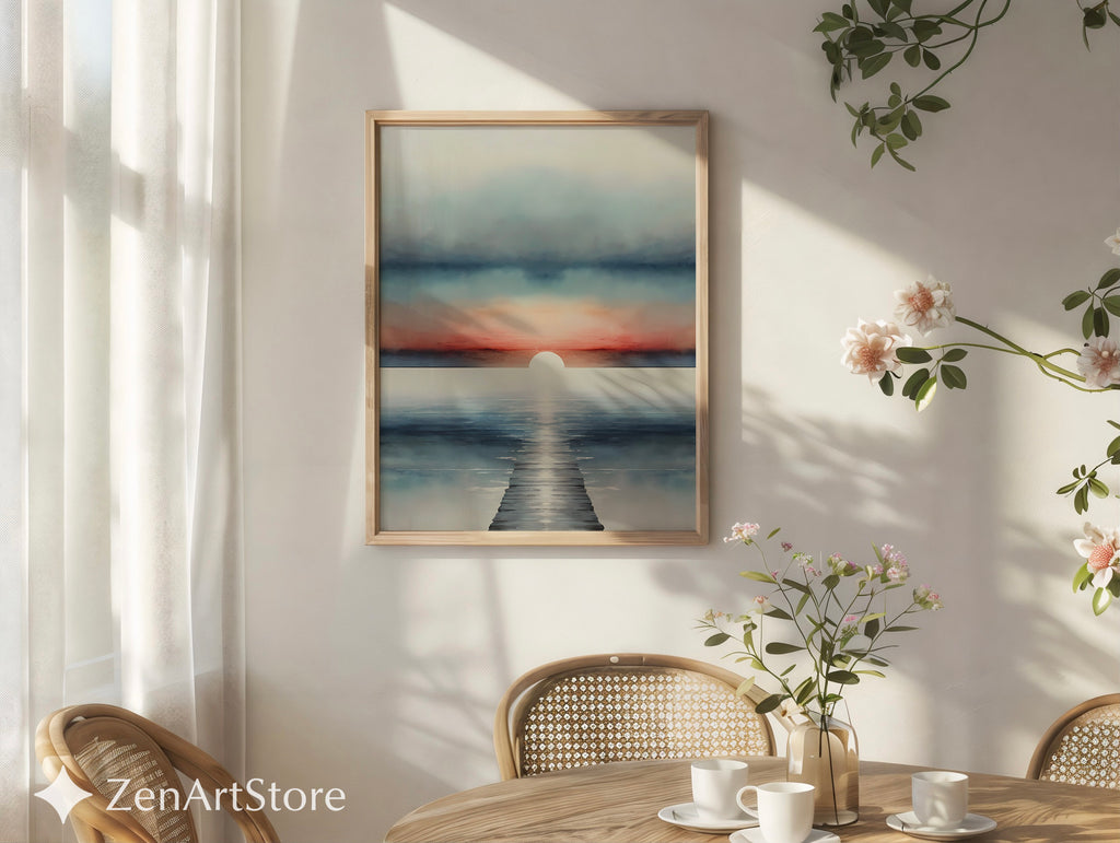 Serene Sunrise Seascape Print - Minimal Coastal Wall Art, Pier Horizon, Modern Japandi Zen Living Room Decor