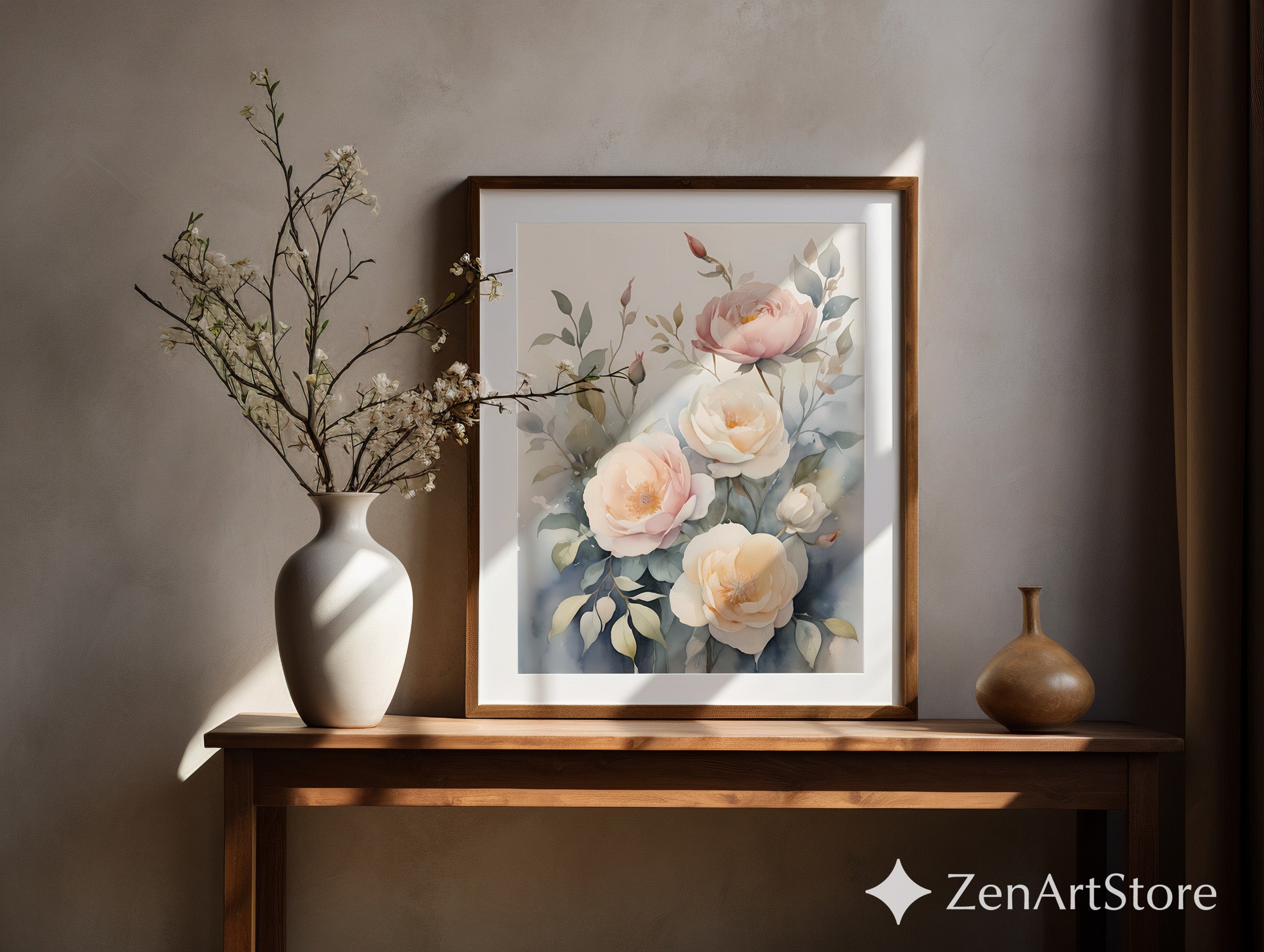 Blush Peony Watercolor Print - Neutral Botanical Wall Art, Japandi Minimal Floral Decor for Living Room & Bedroom