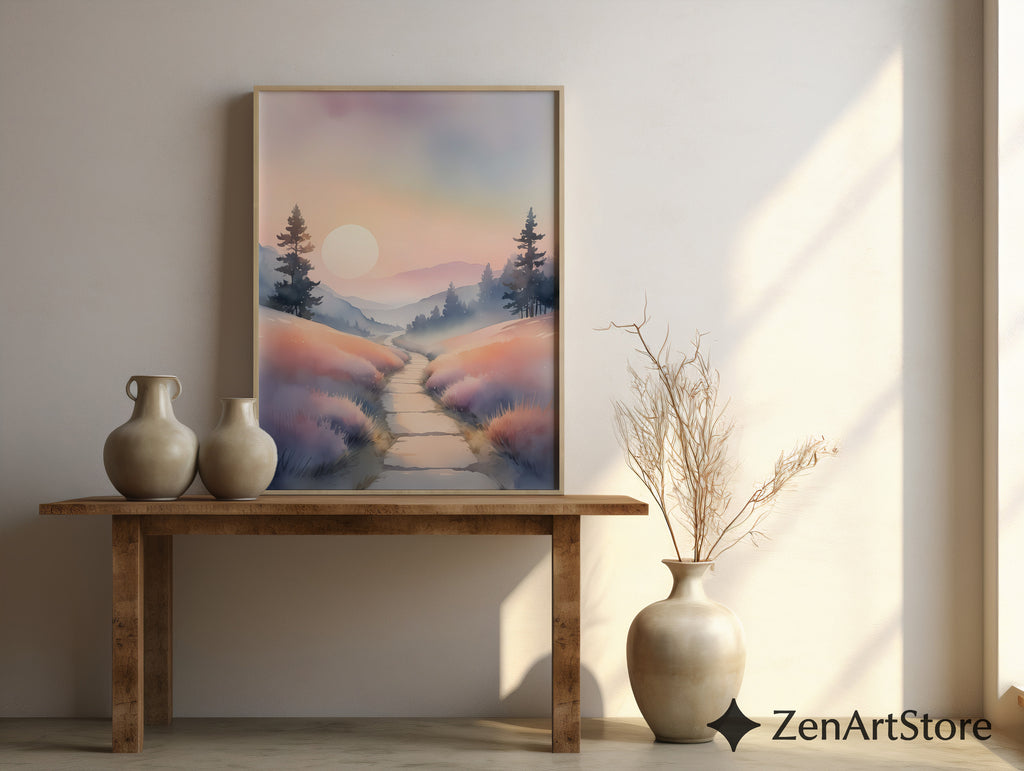 Misty Pastel Sunrise Landscape Print — Serene Pathway Wall Art for Zen, Japandi & Minimal Home Decor