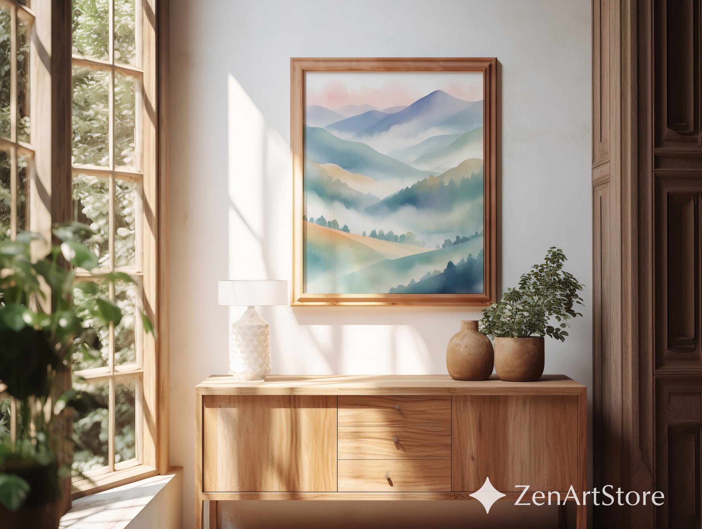 Misty Mountain Pastel Wall Art | Japandi Zen Landscape Print for Calm Minimal Home Decor