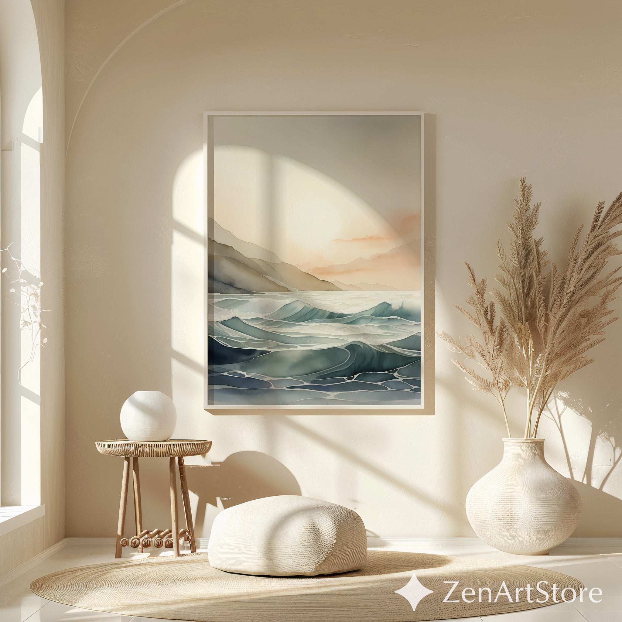Calm Coastal Sunrise Seascape - Minimal Japandi Ocean Wall Art, Neutral Beige & Blue Landscape Print for Living Room
