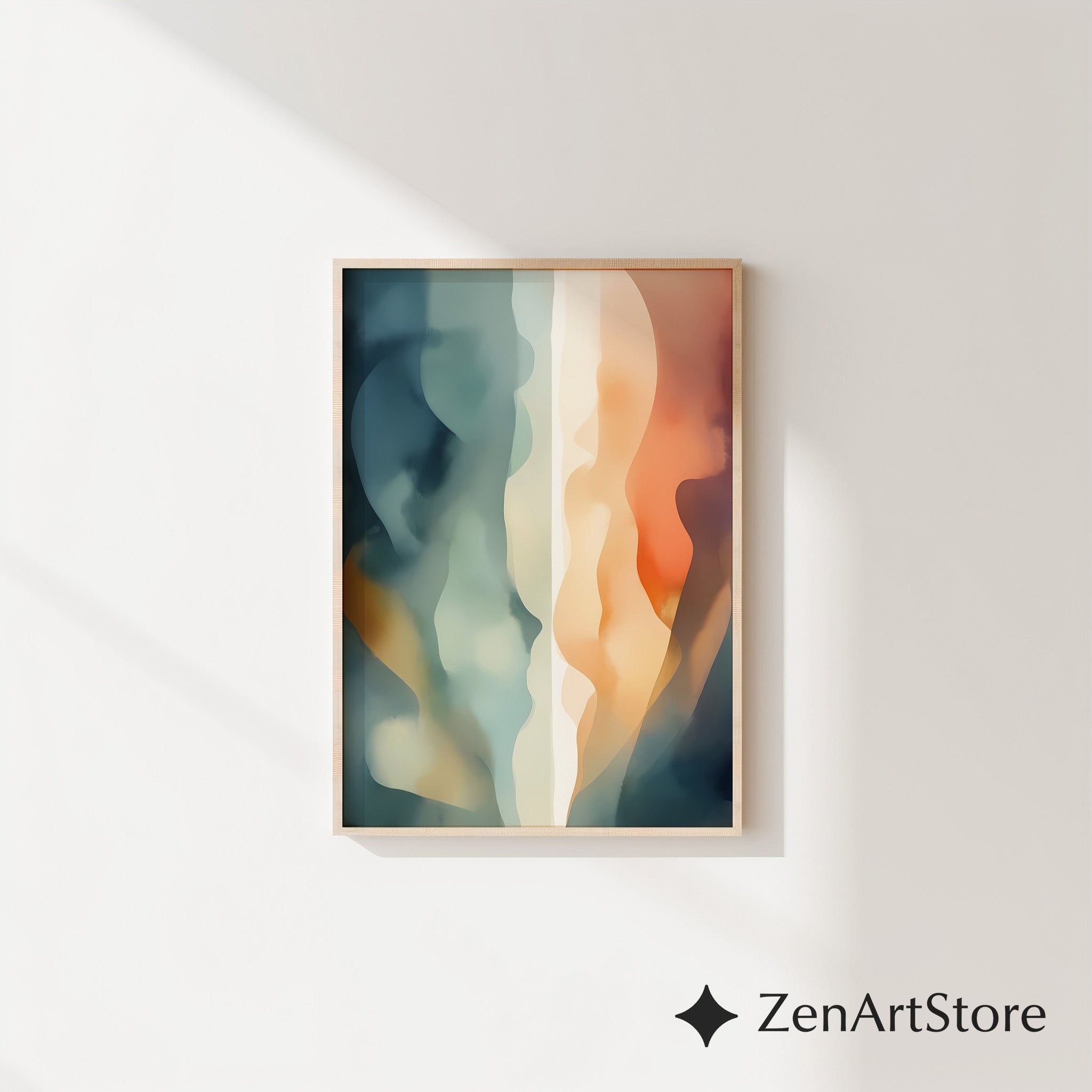 Abstract Fluid Wall Art Print - Calm Teal, Beige & Orange Minimalist Modern Home Decor, Japandi Wabi Sabi