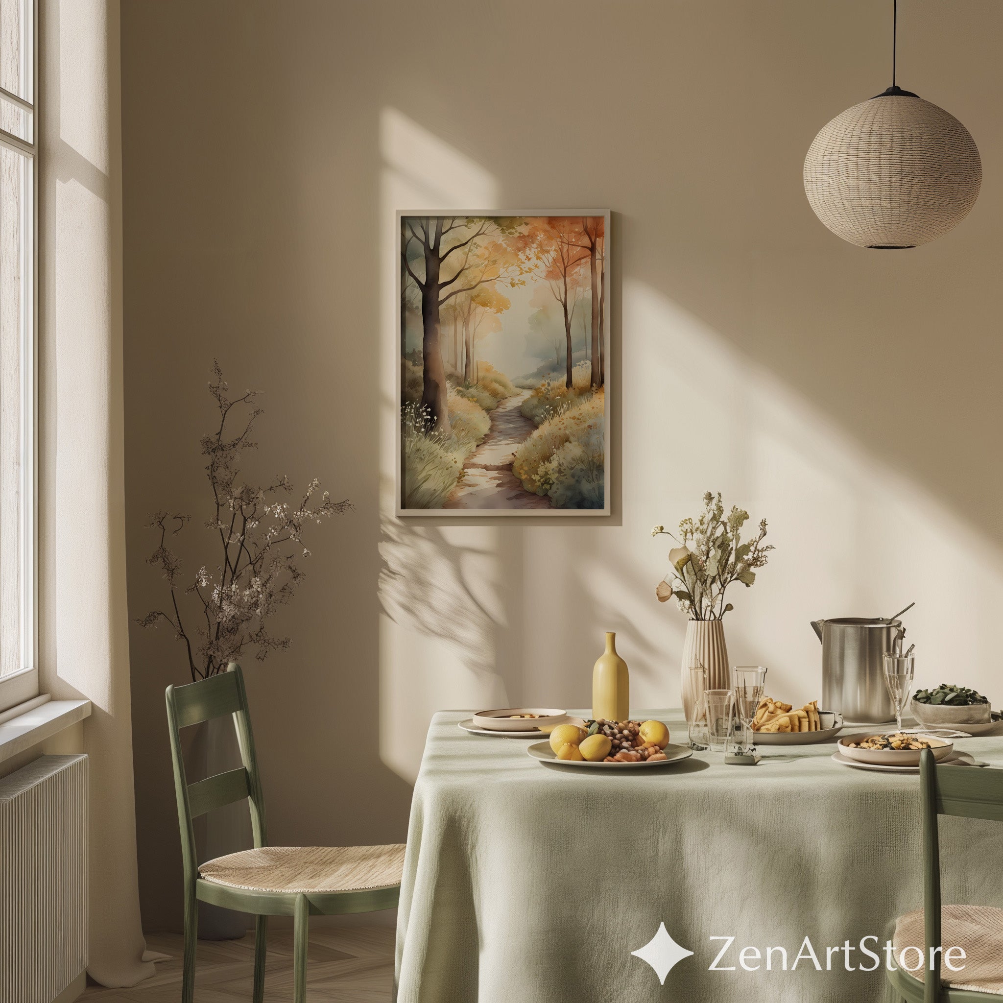 Autumn Watercolor Forest Path Print - Neutral Landscape Wall Art, Printable Digital Download, Canvas-Ready Japandi Decor