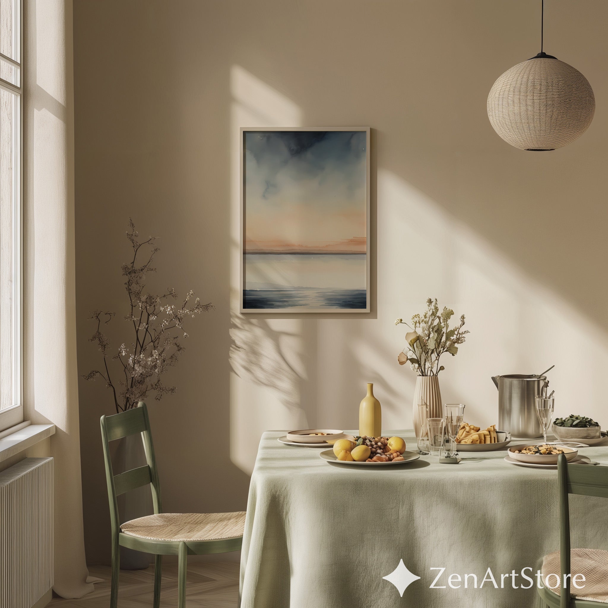 Calm Horizon Watercolor Seascape Print - Minimal Neutral Landscape Wall Art for Living Room, Bedroom, Japandi Decor