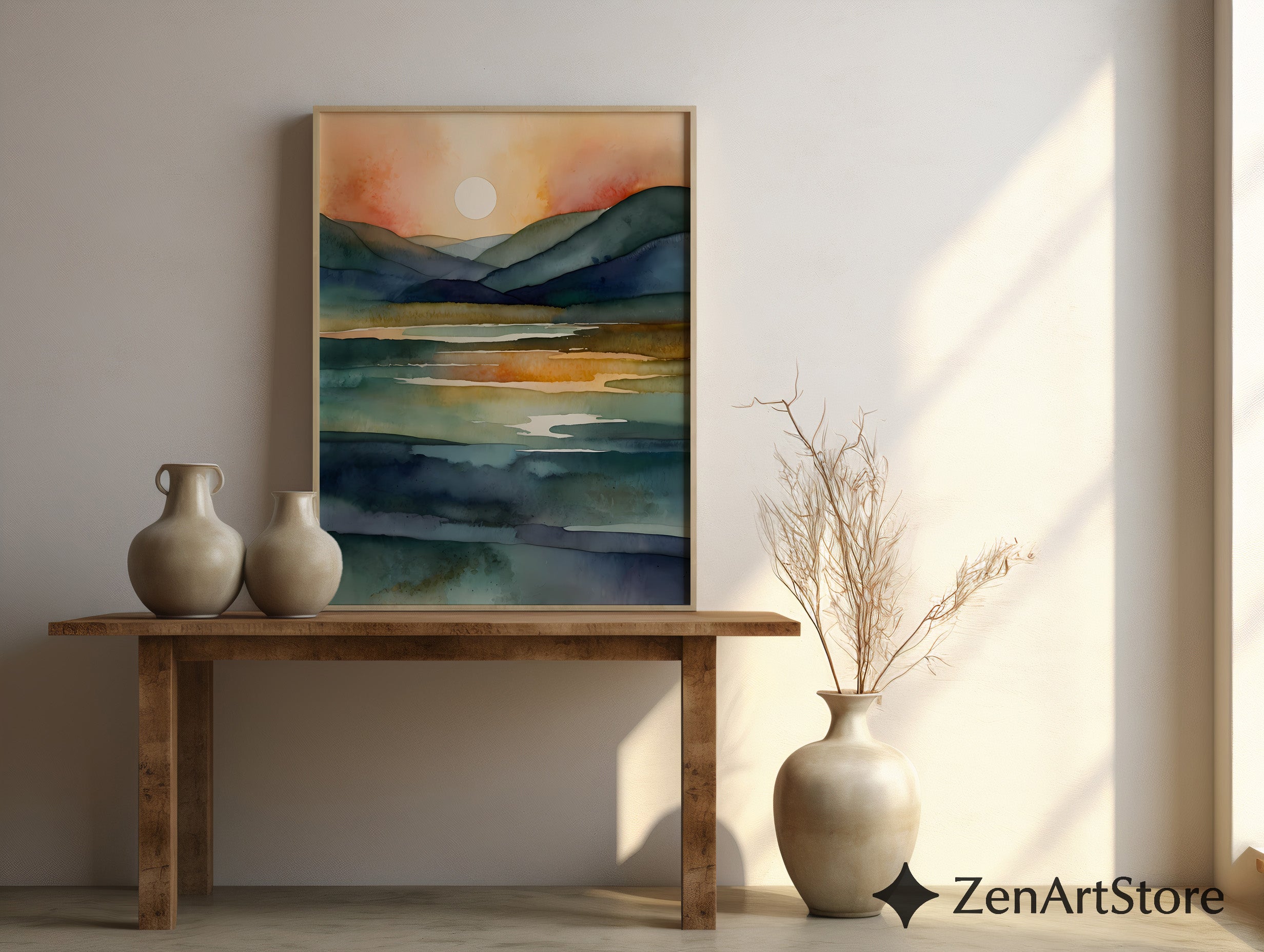 Serene Watercolor Landscape Print - Sunlit Mountains & Lake, Abstract Japandi Wall Art in Teal Blue & Warm Beige