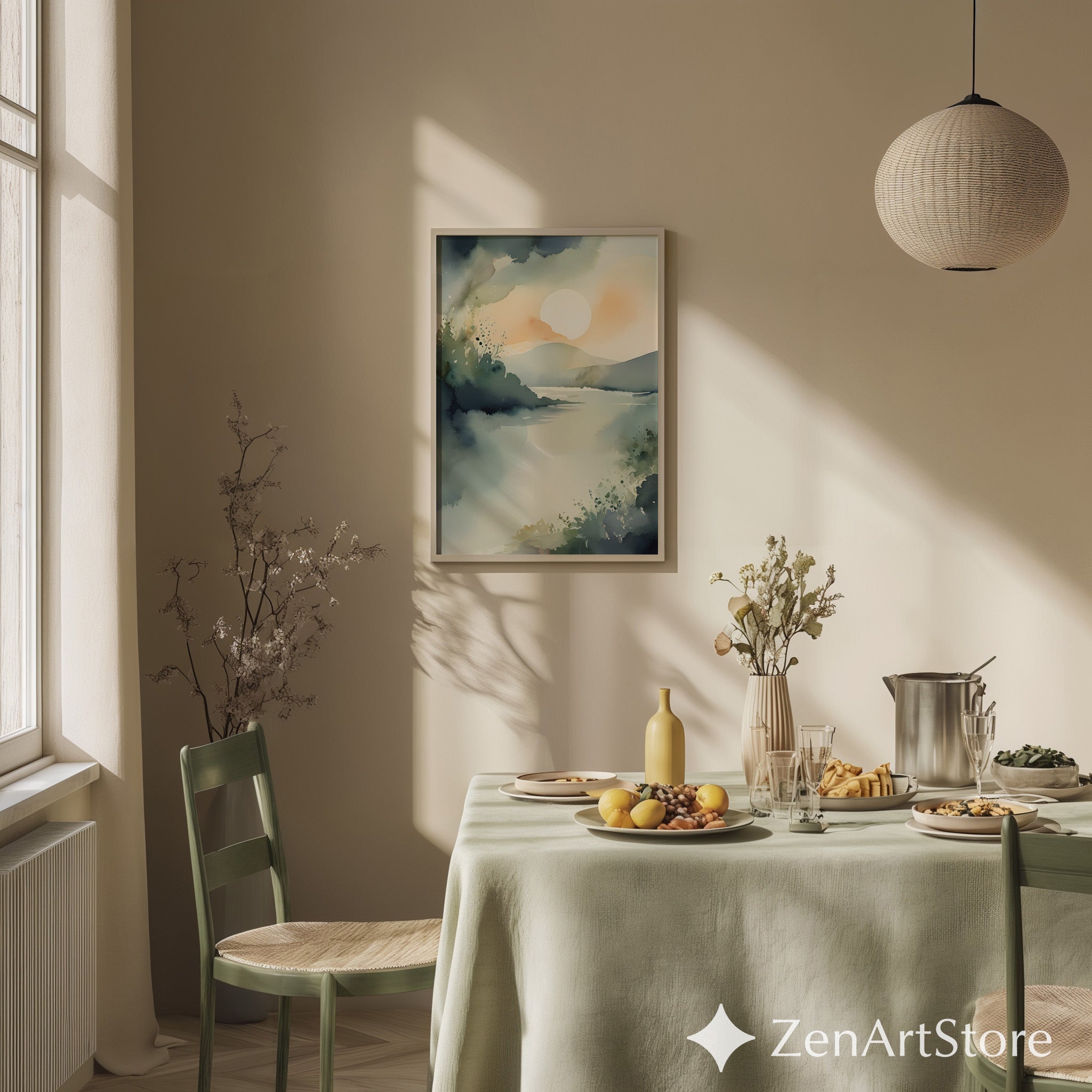 Calm Sunrise Watercolor Landscape Print - Minimal Zen Lake Art for Neutral Home Decor, Japandi Scandinavian Wall Art