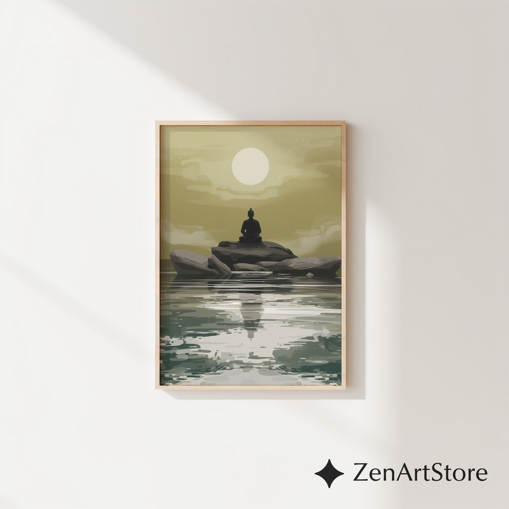 Zen Buddha Minimalist Wall Art - Meditative Landscape Print in Neutral Beige & Green for Japandi, Scandinavian Home Decor